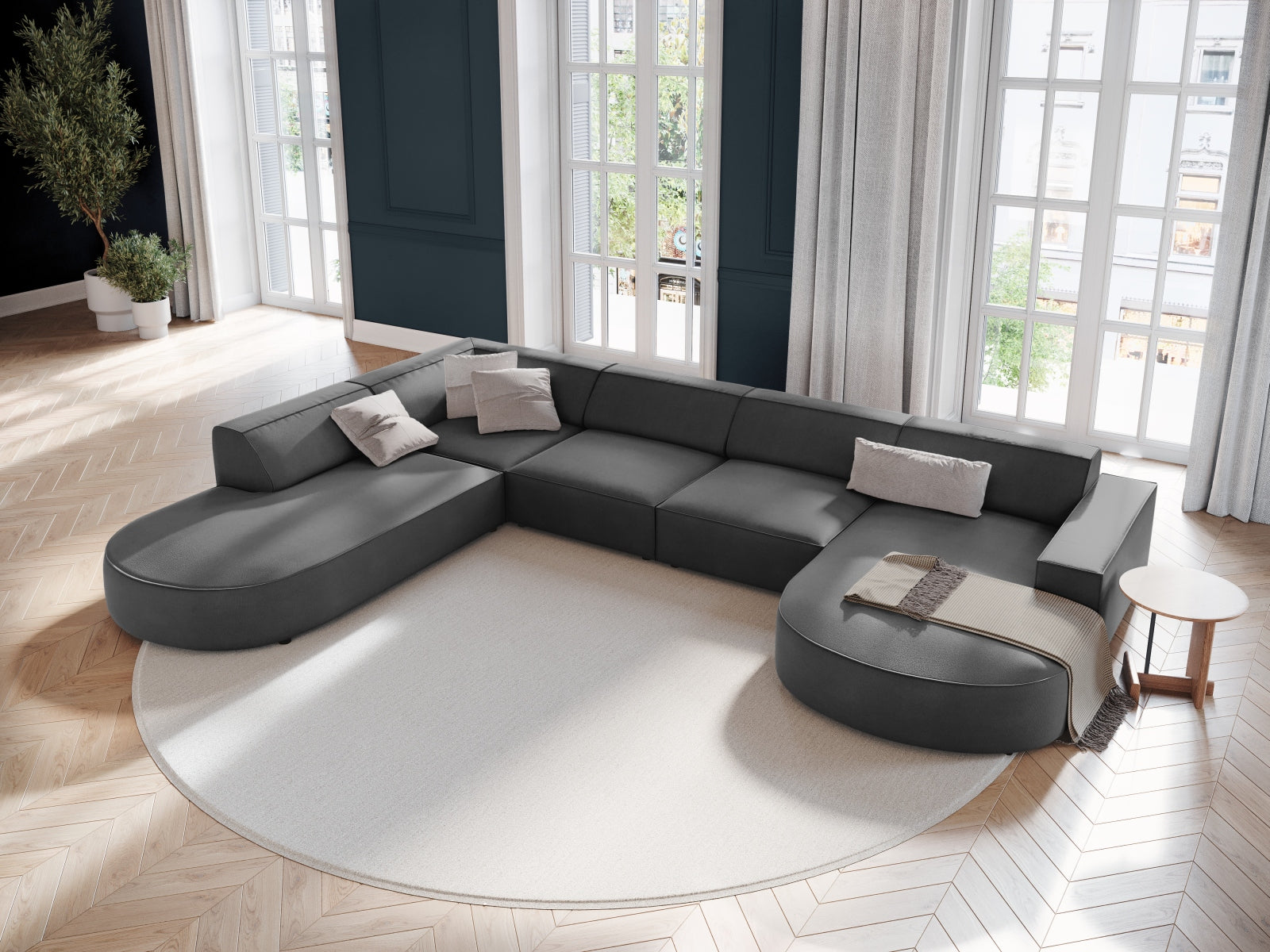 Jodie Velour modulares Panoramic Ecksofa links 7 Sitzer in Grey präsentiert im Onlineshop von KAQTU Design AG. Ecksofa links ist von Micadoni