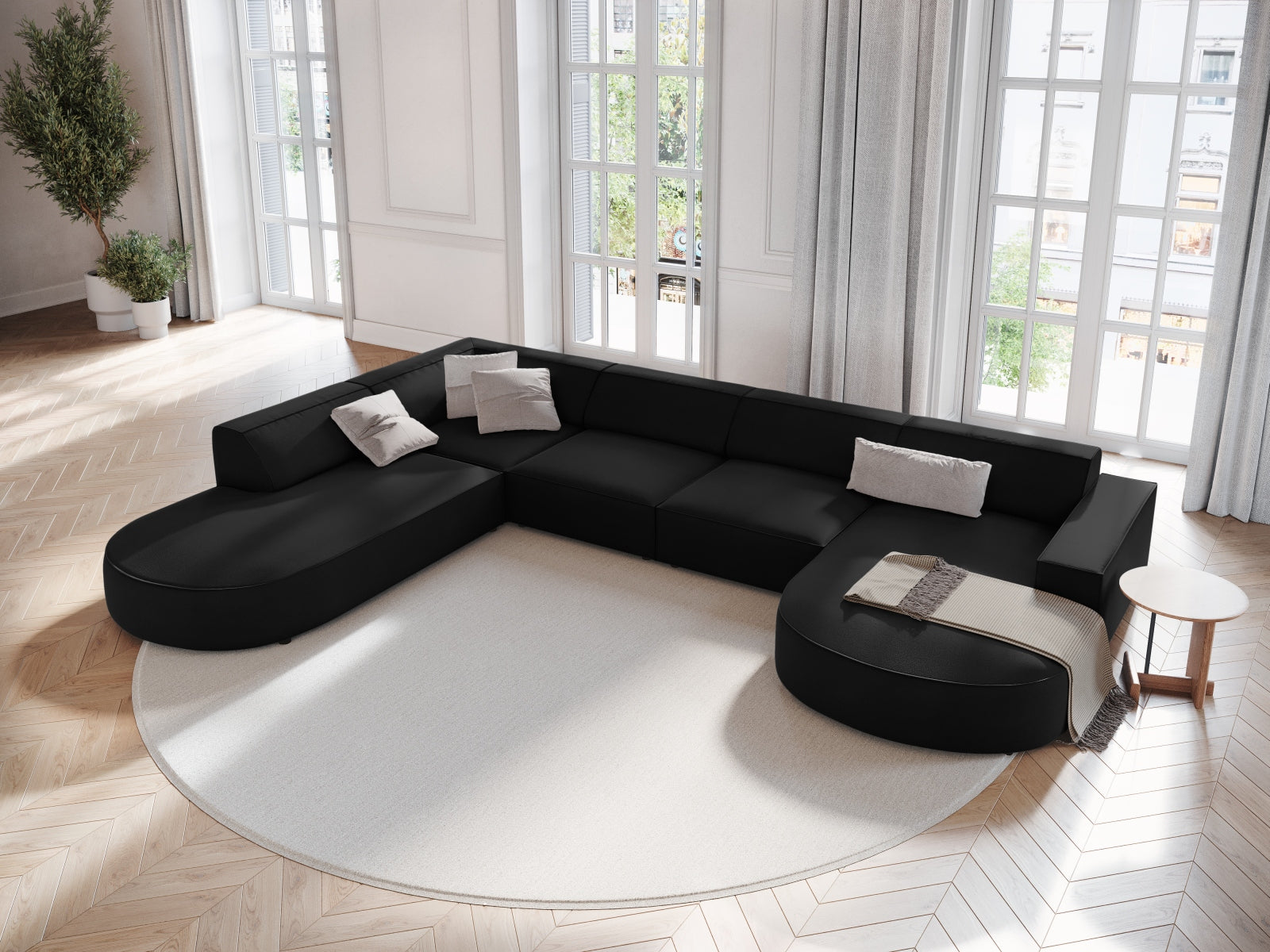 Jodie Velour modulares Panoramic Ecksofa links 7 Sitzer in Black präsentiert im Onlineshop von KAQTU Design AG. Ecksofa links ist von Micadoni