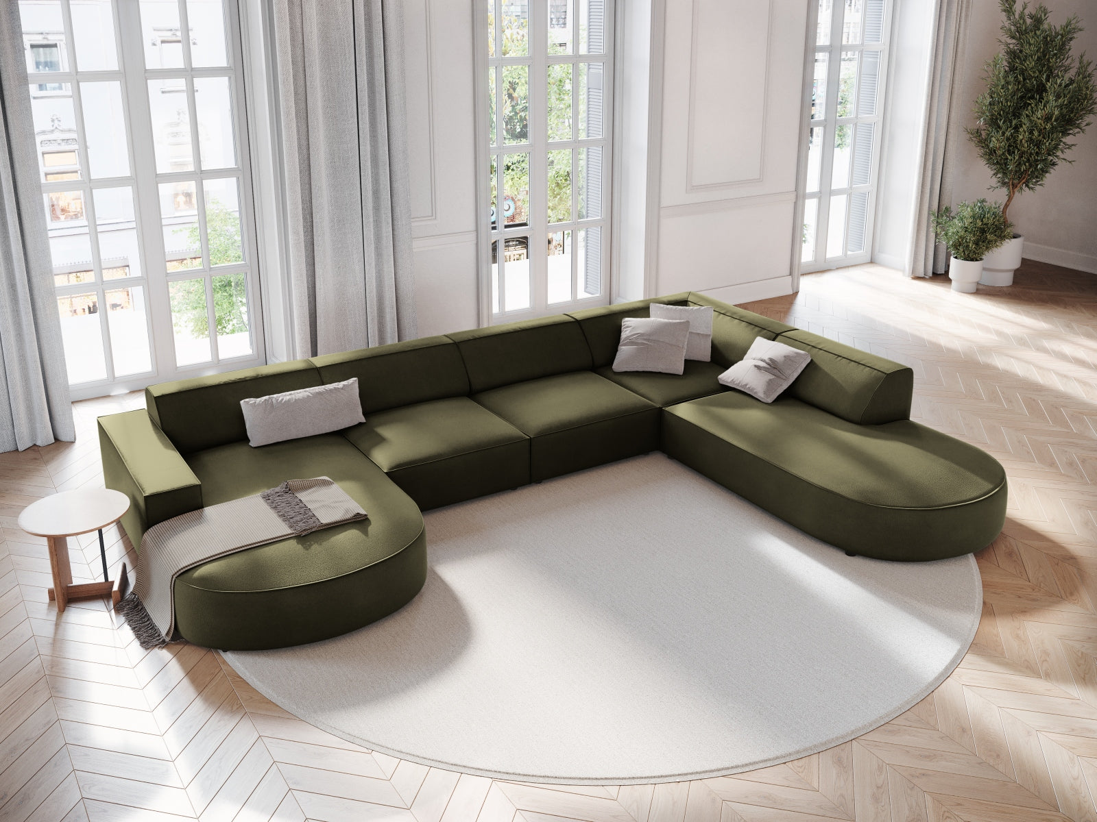 Jodie Velour modulares Panoramic Ecksofa rechts 7 Sitzer in Green präsentiert im Onlineshop von KAQTU Design AG. Ecksofa rechts ist von Micadoni