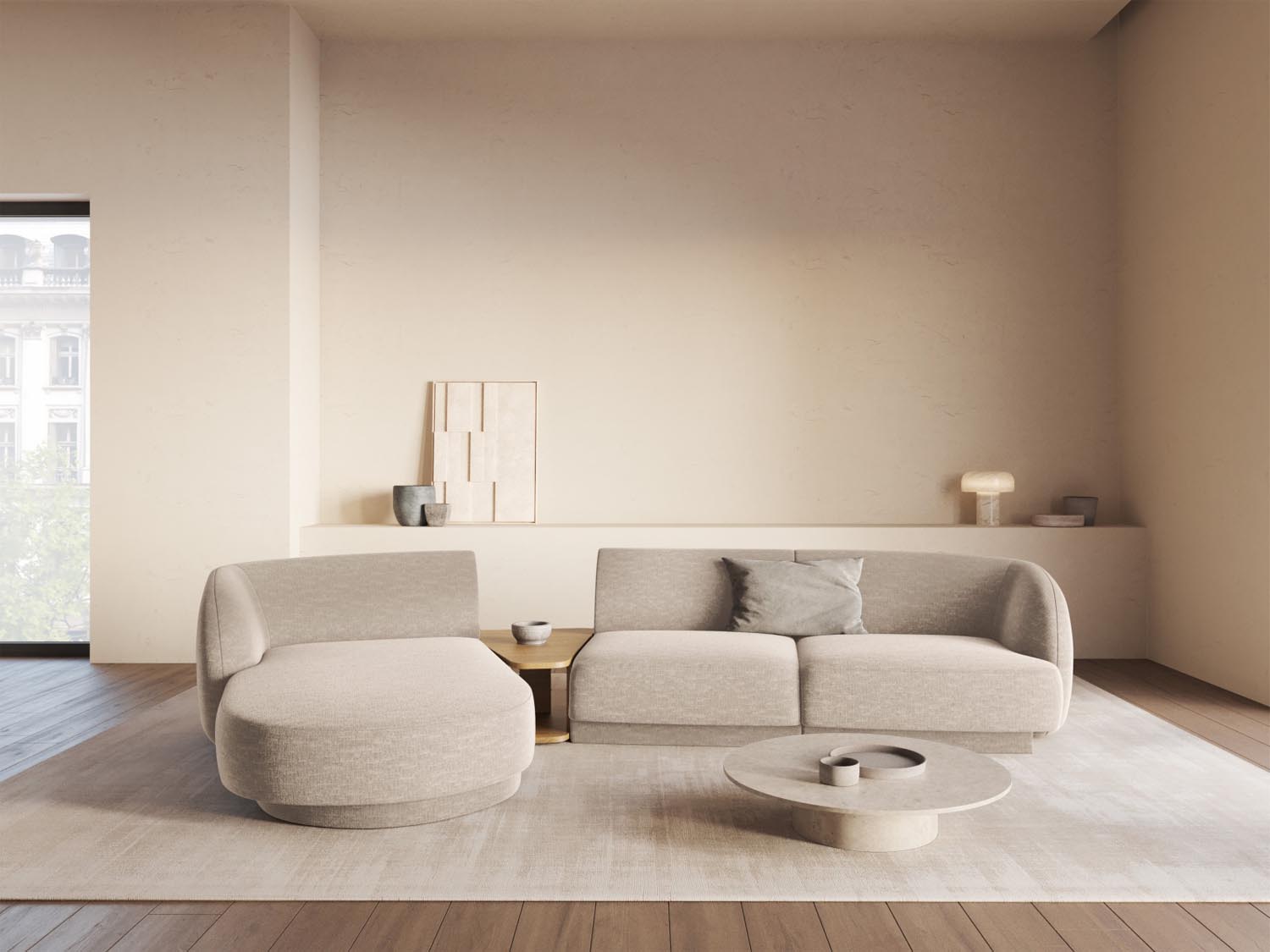 Beige Miley Modulares Sofa links 3 Sitzer von Micadoni, stilvoll und modern, ideal für gemütliche Wohnräume, präsentiert in ansprechender Atmosphäre.