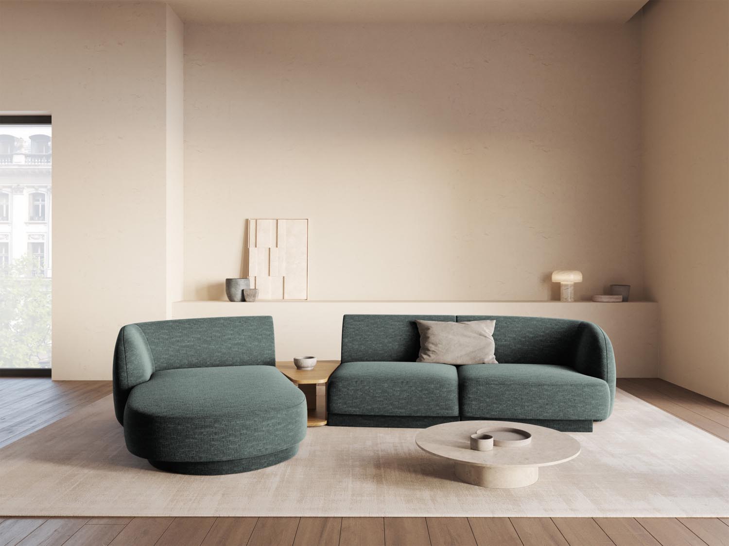 Elegantes Miley Modulares Sofa links 3 Sitzer in Petrol-Haga, ideal für stilvolle Wohnräume, präsentiert von Micadoni.