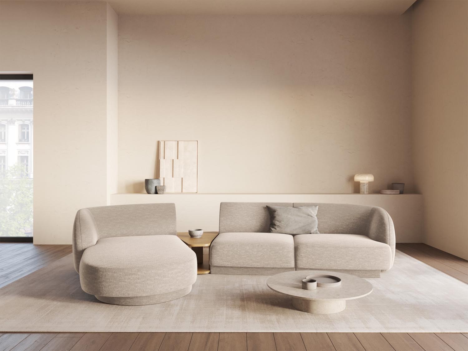 Beige Miley Modulares Sofa links 3 Sitzer von Micadoni, stilvolles L-Sofa für modernes Wohnen, ideal für gemütliche Wohnräume.
