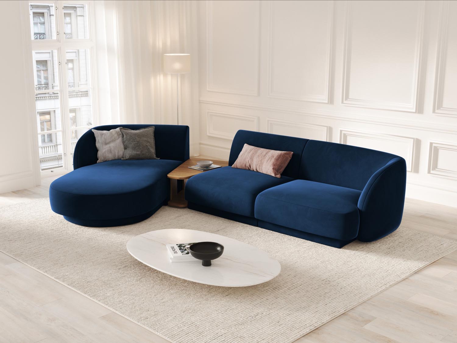 Elegantes Miley Velour Sofa in Royal Blue, linksseitig, 3-Sitzer, ideal für stilvolle Wohnräume, präsentiert von Micadoni.