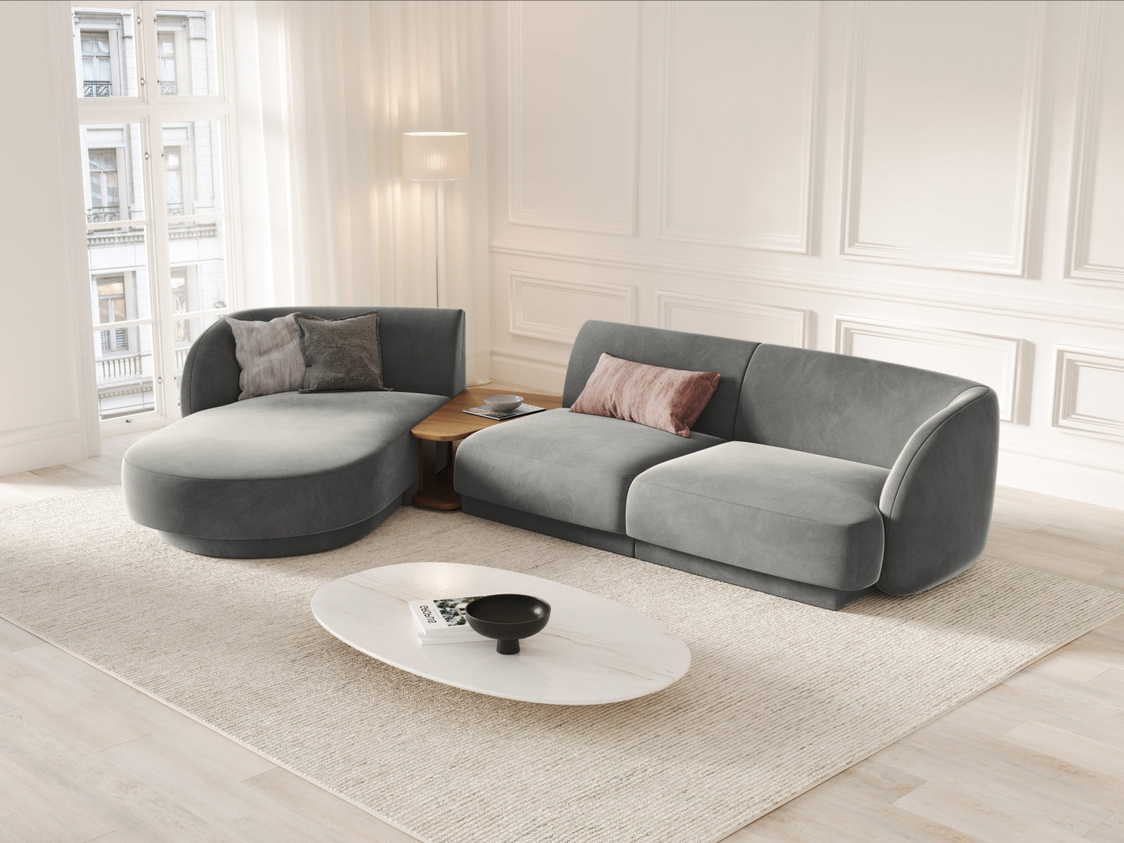 Miley Velour modulares Sofa links 3 Sitzer in Light Grey präsentiert im Onlineshop von KAQTU Design AG. L-Sofa links ist von Micadoni
