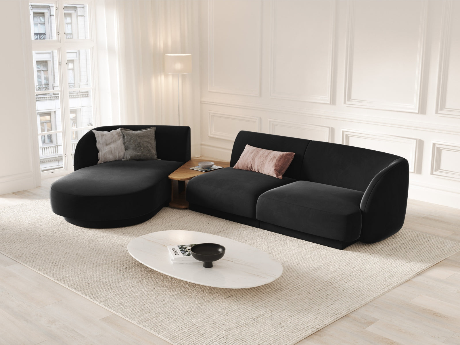 Miley Velour modulares Sofa links 3 Sitzer in Black präsentiert im Onlineshop von KAQTU Design AG. L-Sofa links ist von Micadoni
