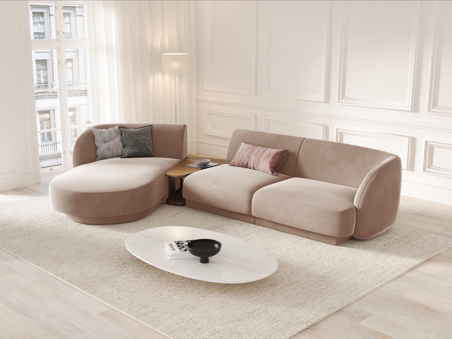 Elegantes Miley Velour Sofa in Cappuccino, modulares Design, linksseitig, ideal für stilvolle Wohnräume, präsentiert von Micadoni.