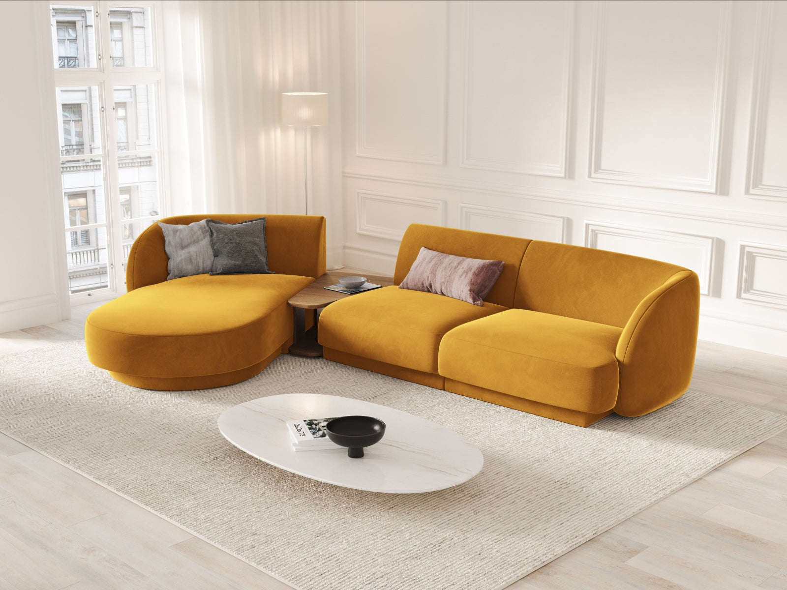 Miley Velour modulares Sofa links 3 Sitzer in Yellow präsentiert im Onlineshop von KAQTU Design AG. L-Sofa links ist von Micadoni