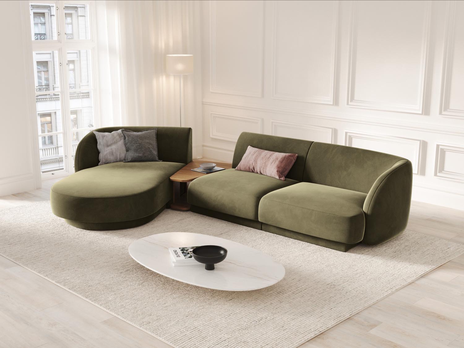 Elegantes Miley Velour modulares Sofa links 3 Sitzer in stilvollem Green-Bluvel, ideal für moderne Wohnräume.