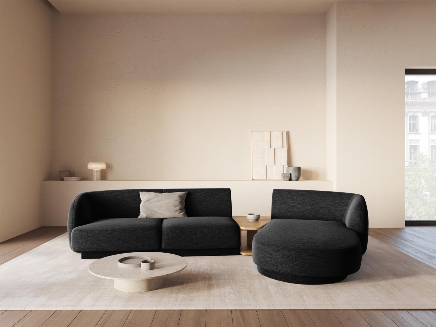 Elegantes Miley Modulares Sofa rechts 3 Sitzer in stilvollem Schwarz, ideal für moderne Wohnräume, präsentiert von Micadoni.