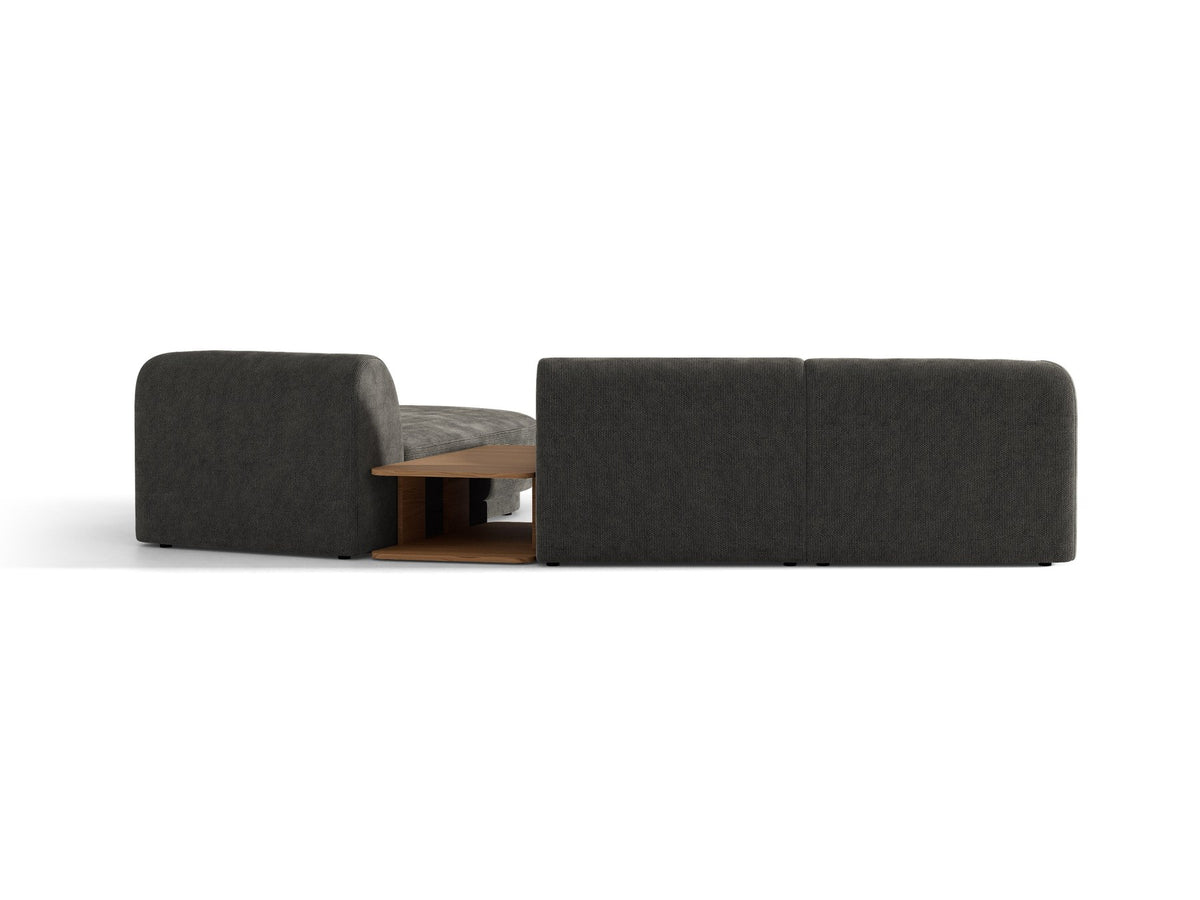 Braunes modulares Sofa Miley von Micadoni mit Baloo-Stoffbezug, schwarzen Kunststofffüssen und L-förmiger Ausrichtung nach rechts.