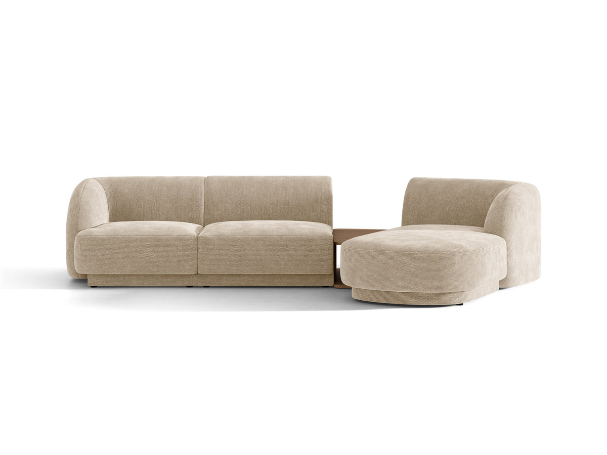Beiges L-Sofa Miley mit Meridienne rechts, Stoffbezug und niedrigen schwarzen Beinen