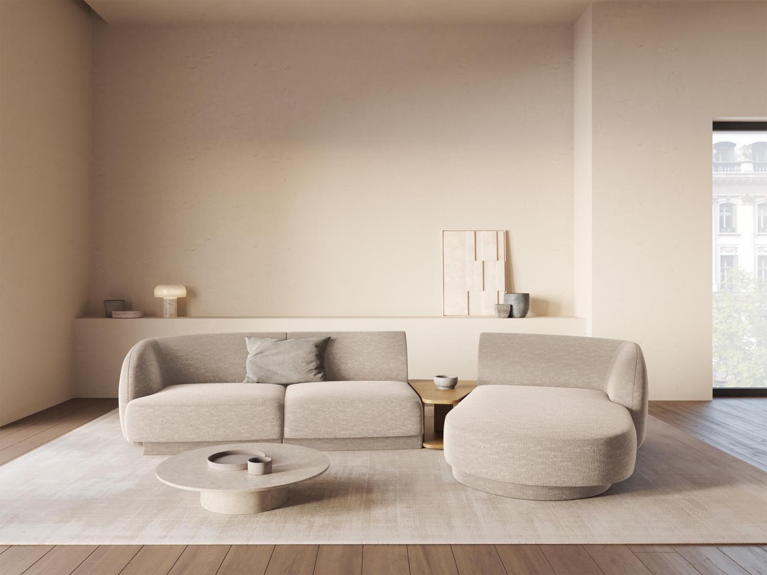 Elegantes Miley Modulares Sofa rechts, 3-Sitzer in stilvollem Beige, ideal für moderne Wohnräume. Hochwertige Verarbeitung von Micadoni.
