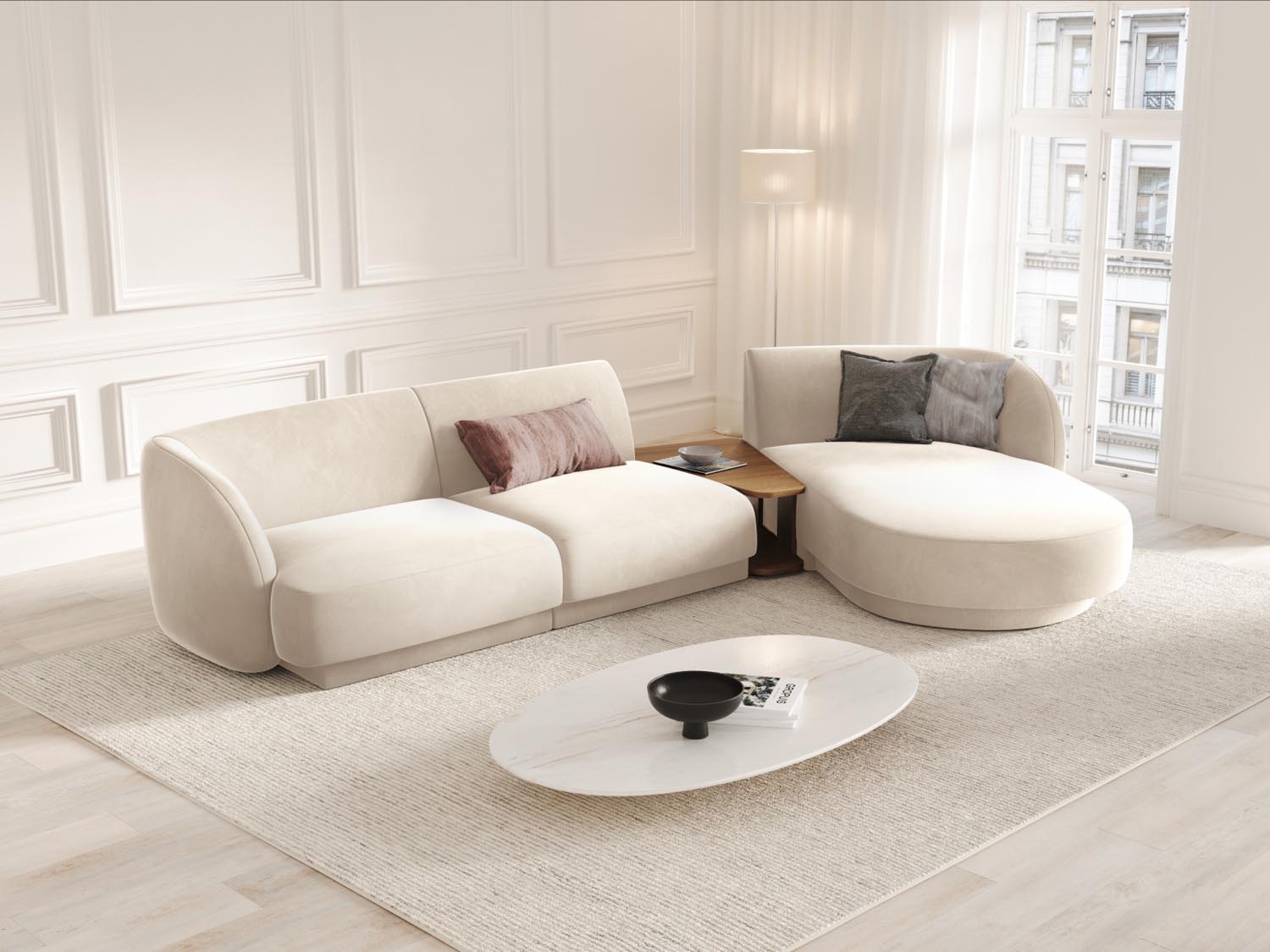 Elegantes Miley Velour Sofa in Light Beige-Bluvel, 3-Sitzer, modulares Design, ideal für stilvolle Wohnräume, präsentiert von Micadoni.