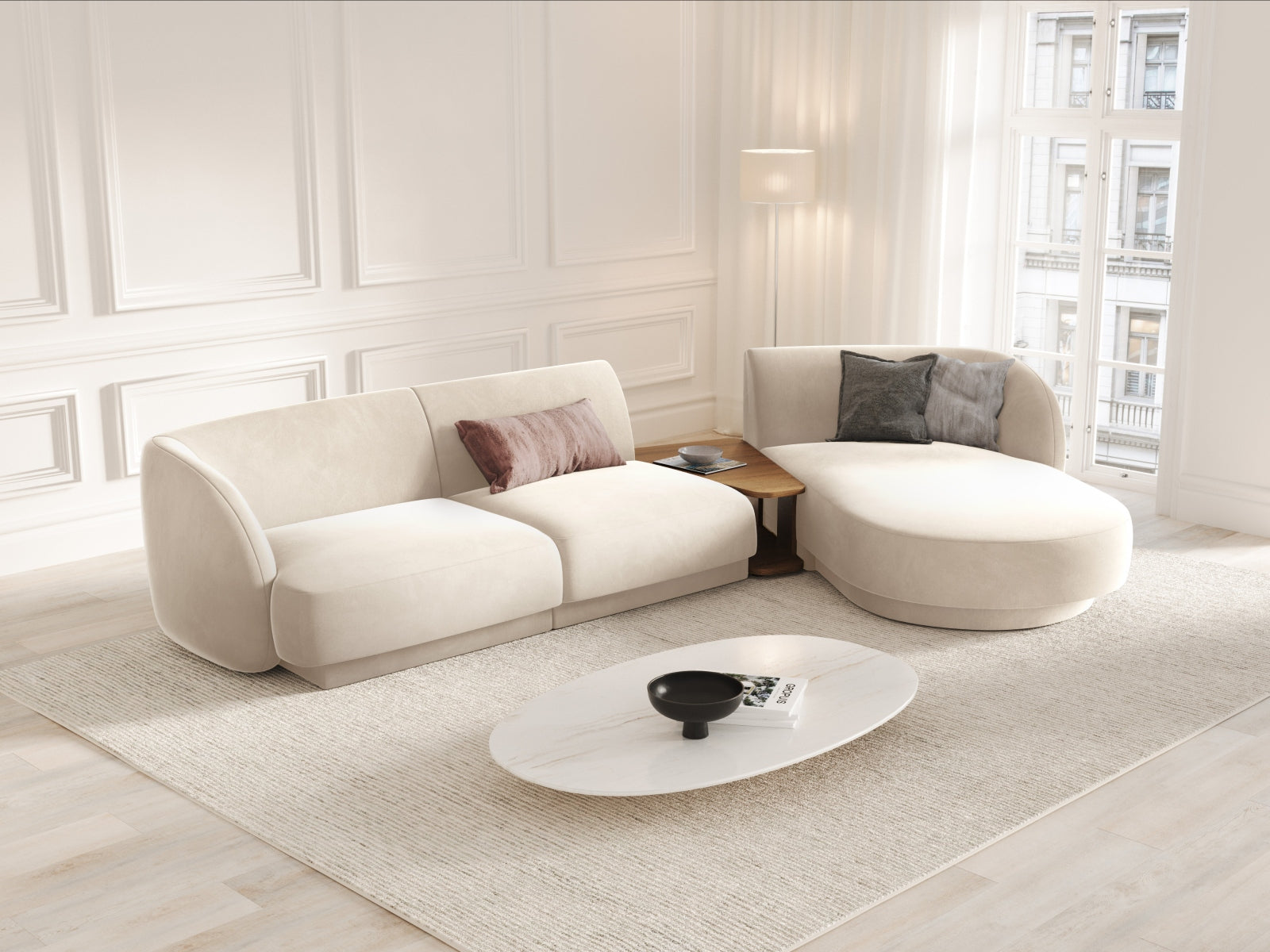 Miley Velour modulares Sofa rechts 3 Sitzer in Light Beige präsentiert im Onlineshop von KAQTU Design AG. L-Sofa rechts ist von Micadoni