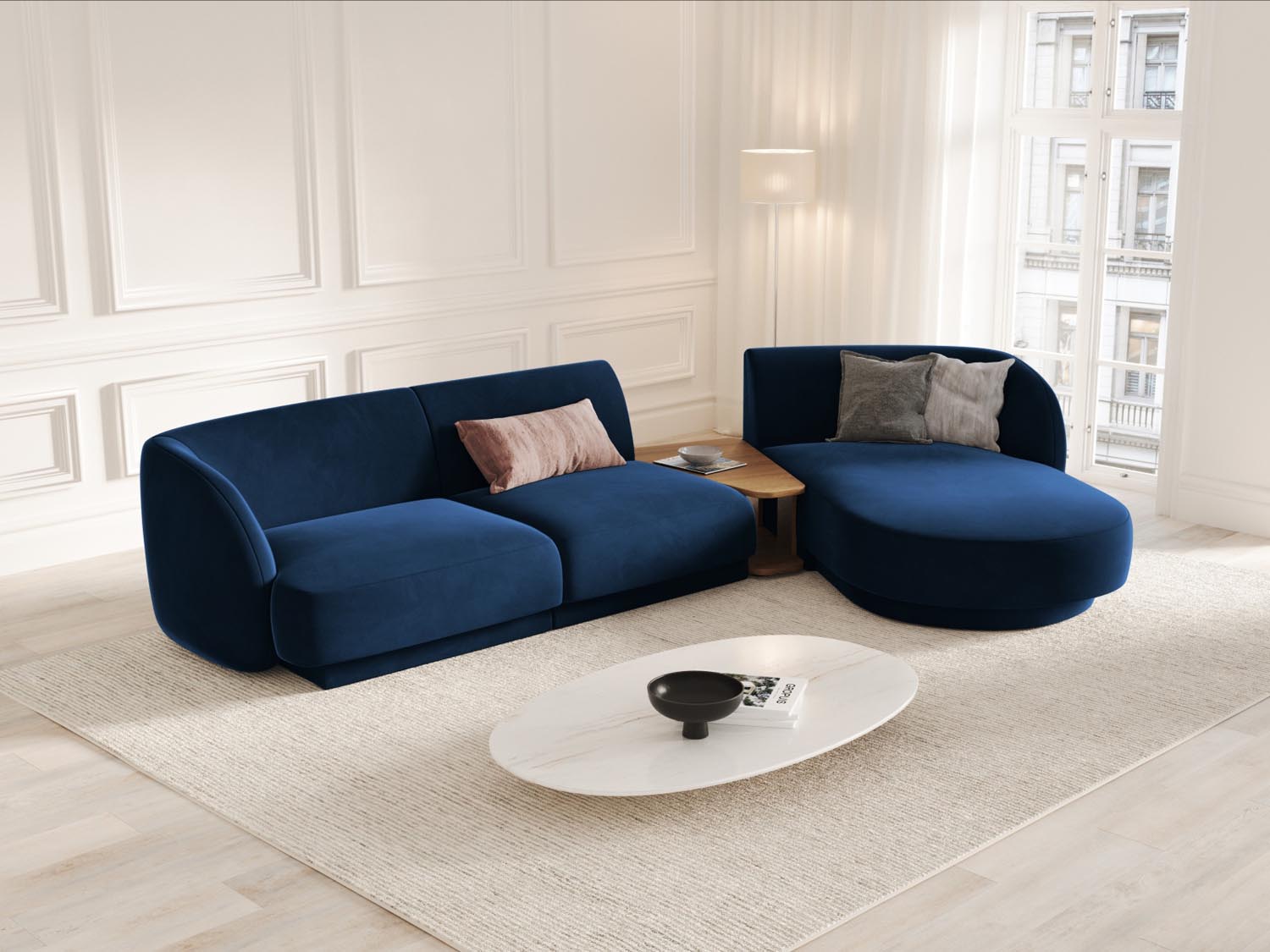 Elegantes Miley Velour Sofa in Royal Blue, 3-Sitzer, modulares Design, ideal für stilvolle Wohnräume, präsentiert von Micadoni.