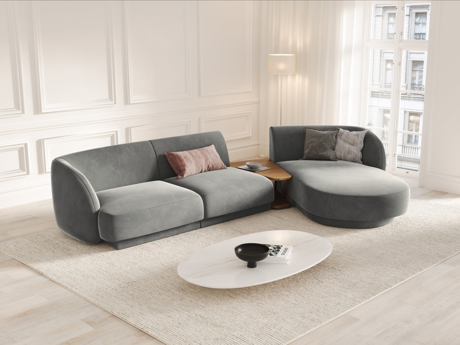 Miley Velour modulares Sofa rechts 3 Sitzer in Light Grey präsentiert im Onlineshop von KAQTU Design AG. L-Sofa rechts ist von Micadoni