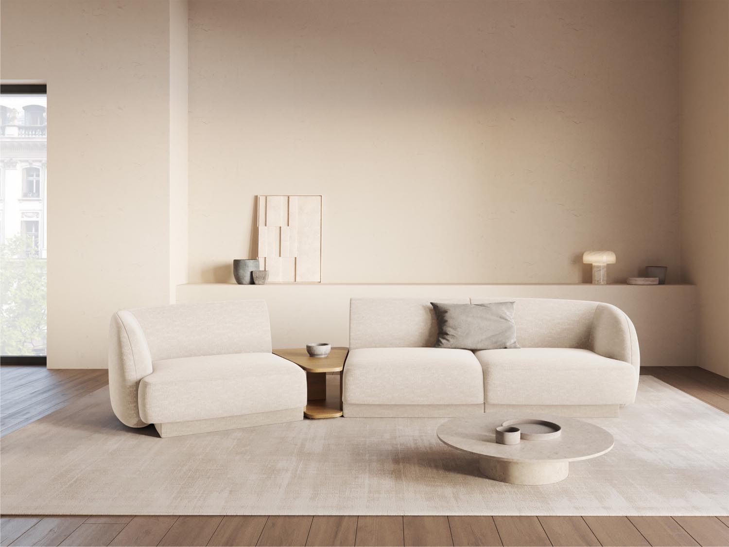 Modernes Miley 3-Sitzer L-Sofa in sanftem Beige, perfekt für gemütliche Wohnzimmer. Flexibles, modulares Design für persönlichen Stil und Bequemlichkeit.