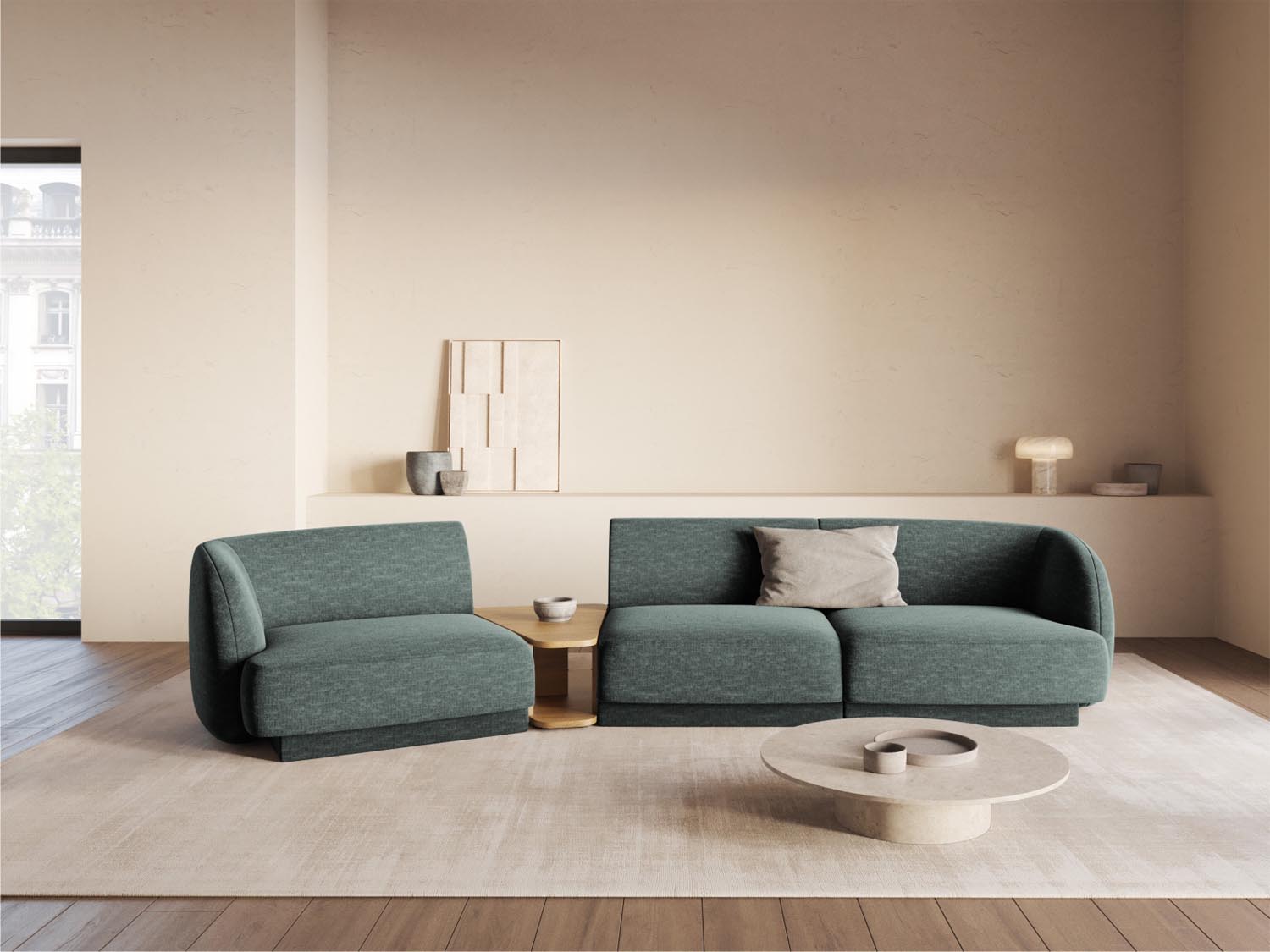 Modernes Miley 3-Sitzer L-Sofa in Petrol-Haga, perfekt für gemütliche Abende und stilvolle Einrichtungsideen, erhältlich bei Micadoni.