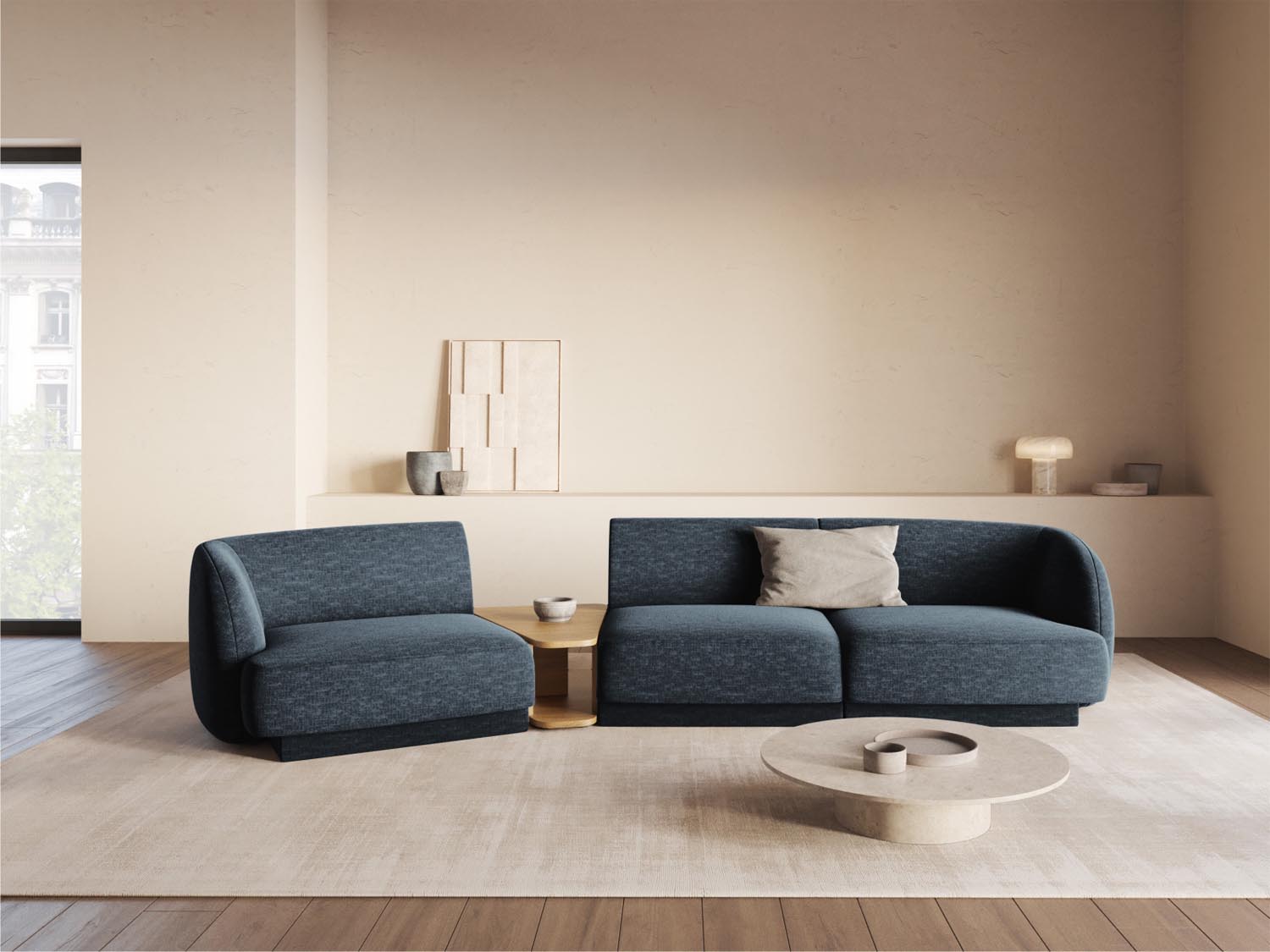 Modernes Miley 3-Sitzer L-Sofa links in Royal Blue-Haga, perfekt für gemütliche Abende und stilvolle Einrichtungsideen von Micadoni.