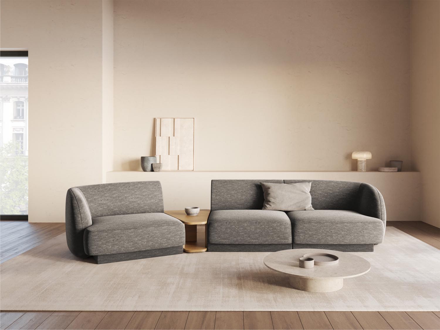 Elegantes Miley 3-Sitzer L-Sofa in Grau, perfekt für stilvolle Wohnräume und entspannte Stunden, entworfen von Micadoni.