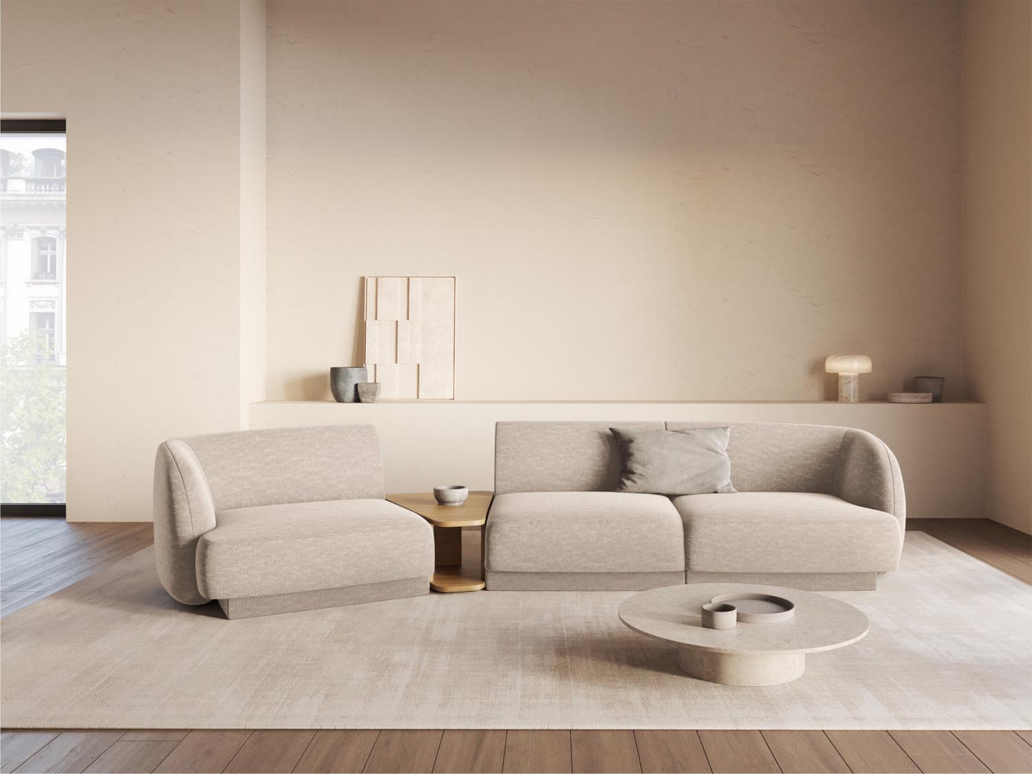Elegantes, beiges 3-Sitzer-Sofa Miley von Micadoni, perfekt für stilvolle Wohnräume und entspannte Zusammenkünfte.