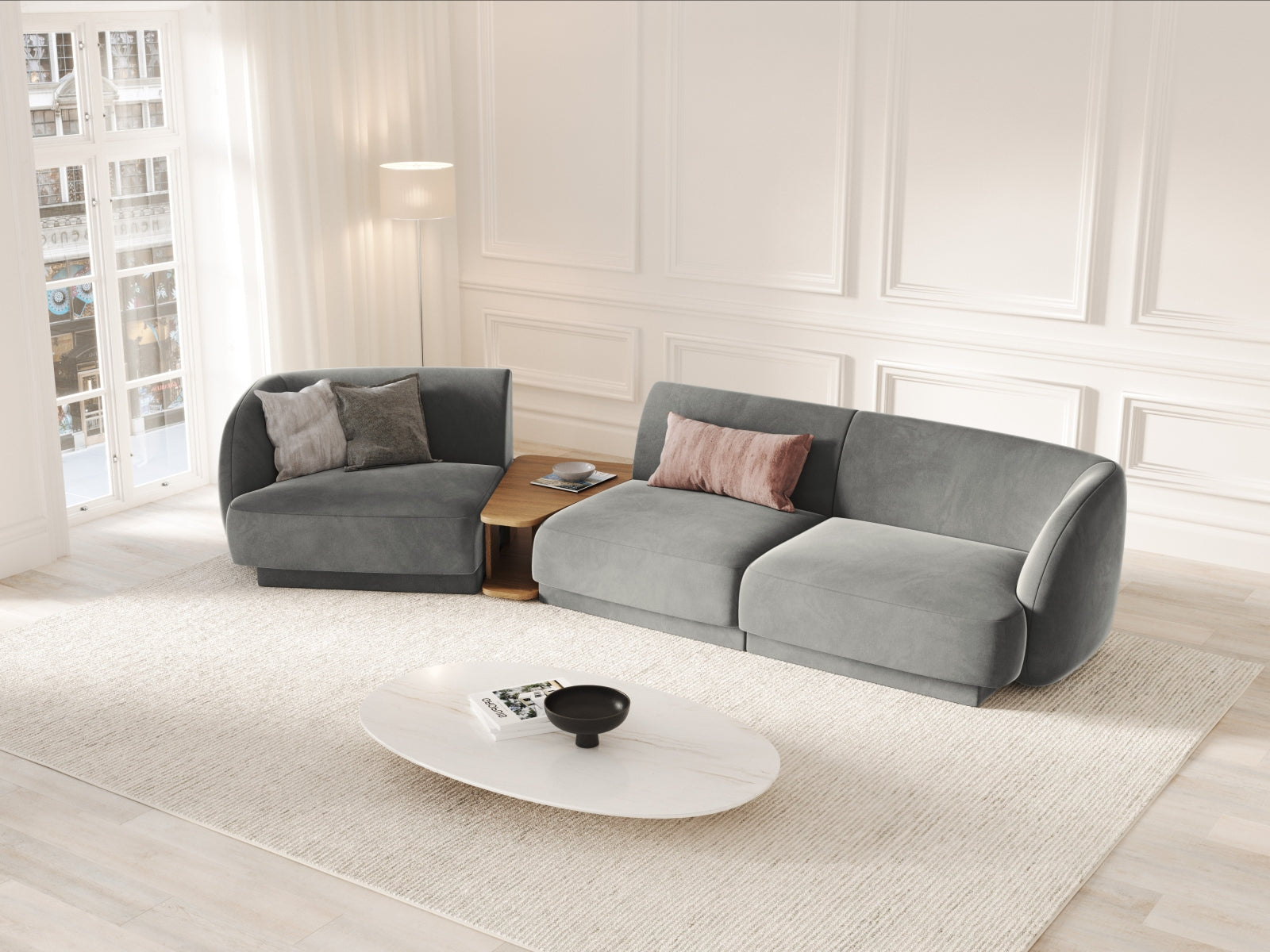 Miley Velour modulares Sofa links 3 Sitzer in Light Grey präsentiert im Onlineshop von KAQTU Design AG. L-Sofa links ist von Micadoni