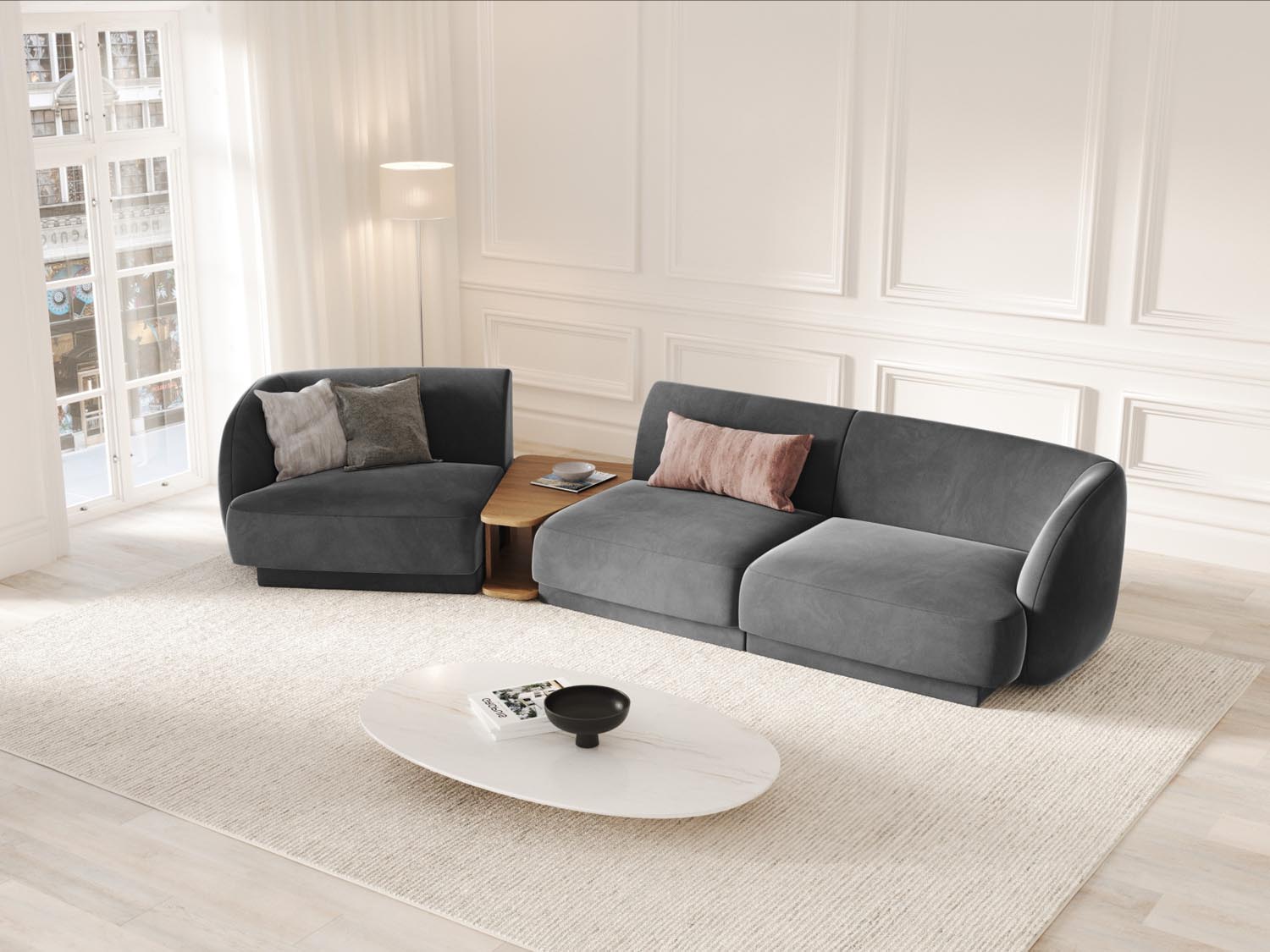 Stylisches, modulares 3-Sitzer Sofa Miley Velour in ansprechendem Grau-Blau, perfekt für zeitgemäße Einrichtungsideen von Micadoni.