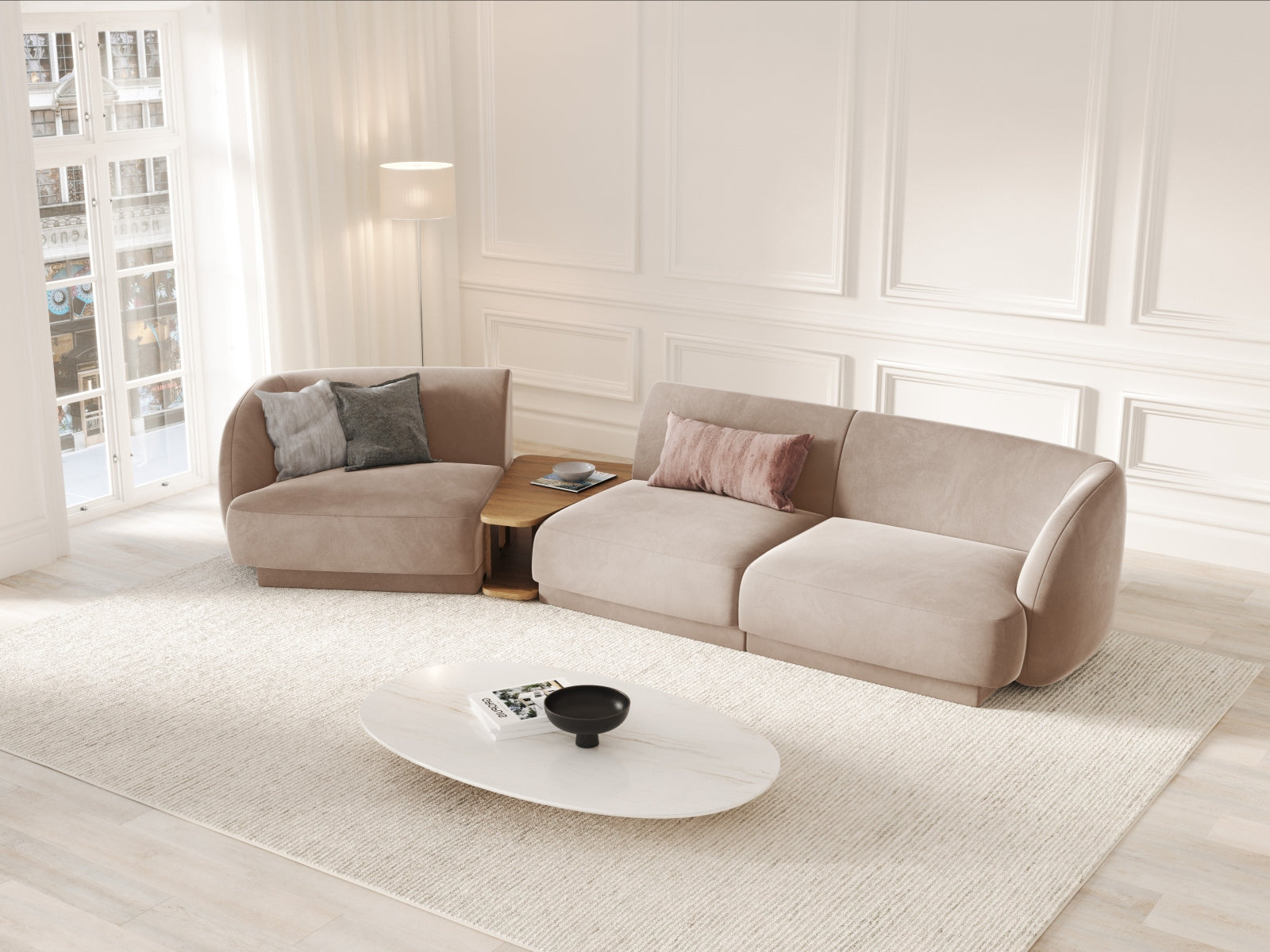 Miley Velour modulares Sofa links 3 Sitzer in Cappuccino präsentiert im Onlineshop von KAQTU Design AG. L-Sofa links ist von Micadoni