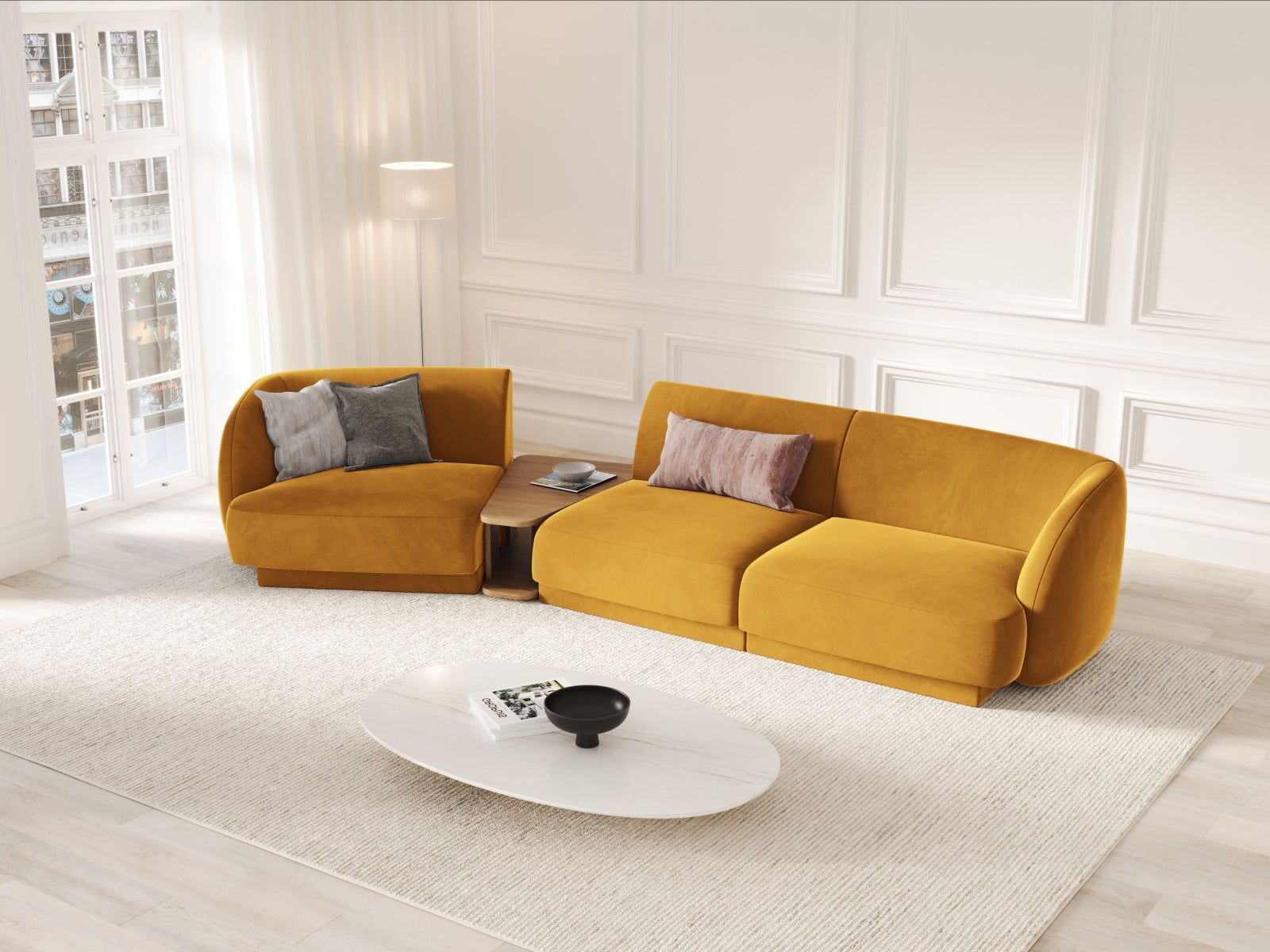 Miley Velour modulares Sofa links 3 Sitzer in Yellow präsentiert im Onlineshop von KAQTU Design AG. L-Sofa links ist von Micadoni