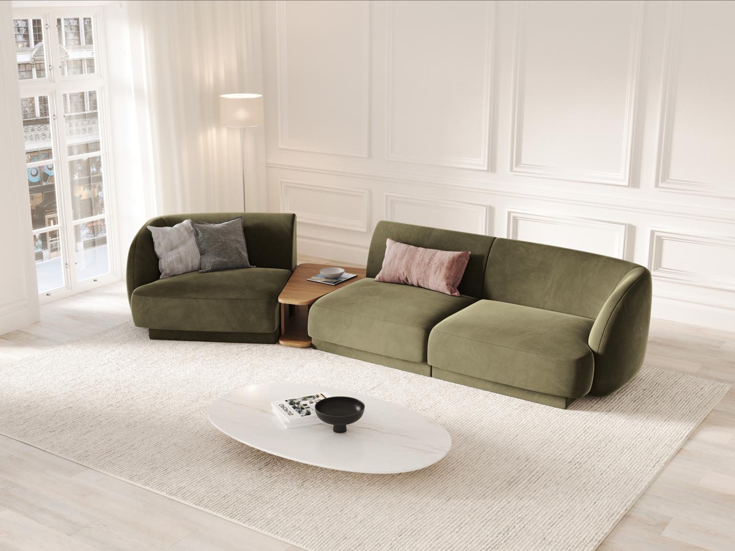 Modulares 3-Sitzer-Sofa Miley Velour links in trendigem Green-Bluvel, perfekt für stilvolle und gemütliche Wohnambiente.