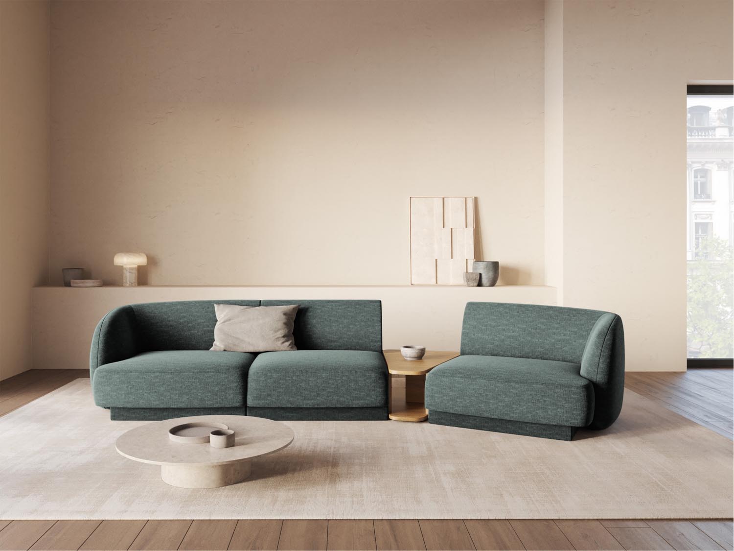 Stylisches, modulares 3-Sitzer Sofa Miley in modernem Petrol-Haga, rechtsseitig, perfekt für gemütliche und elegante Wohnambiente von Micadoni.