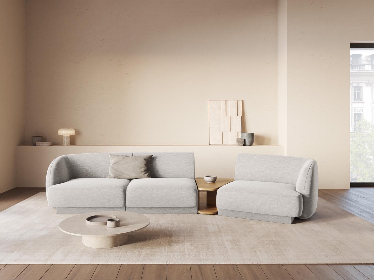 Elegantes, modulares 3-Sitzer Sofa Miley in Grau, rechtsseitig, perfekt für stilvolle Wohnräume und gemütliche Abende.