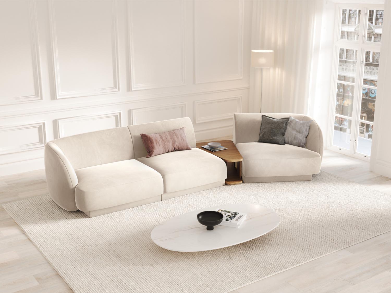 Modulares 3-Sitzer Sofa Miley Velour in sanftem Beige, rechtsseitig, perfekt für gemütliche und moderne Wohnambiente.
