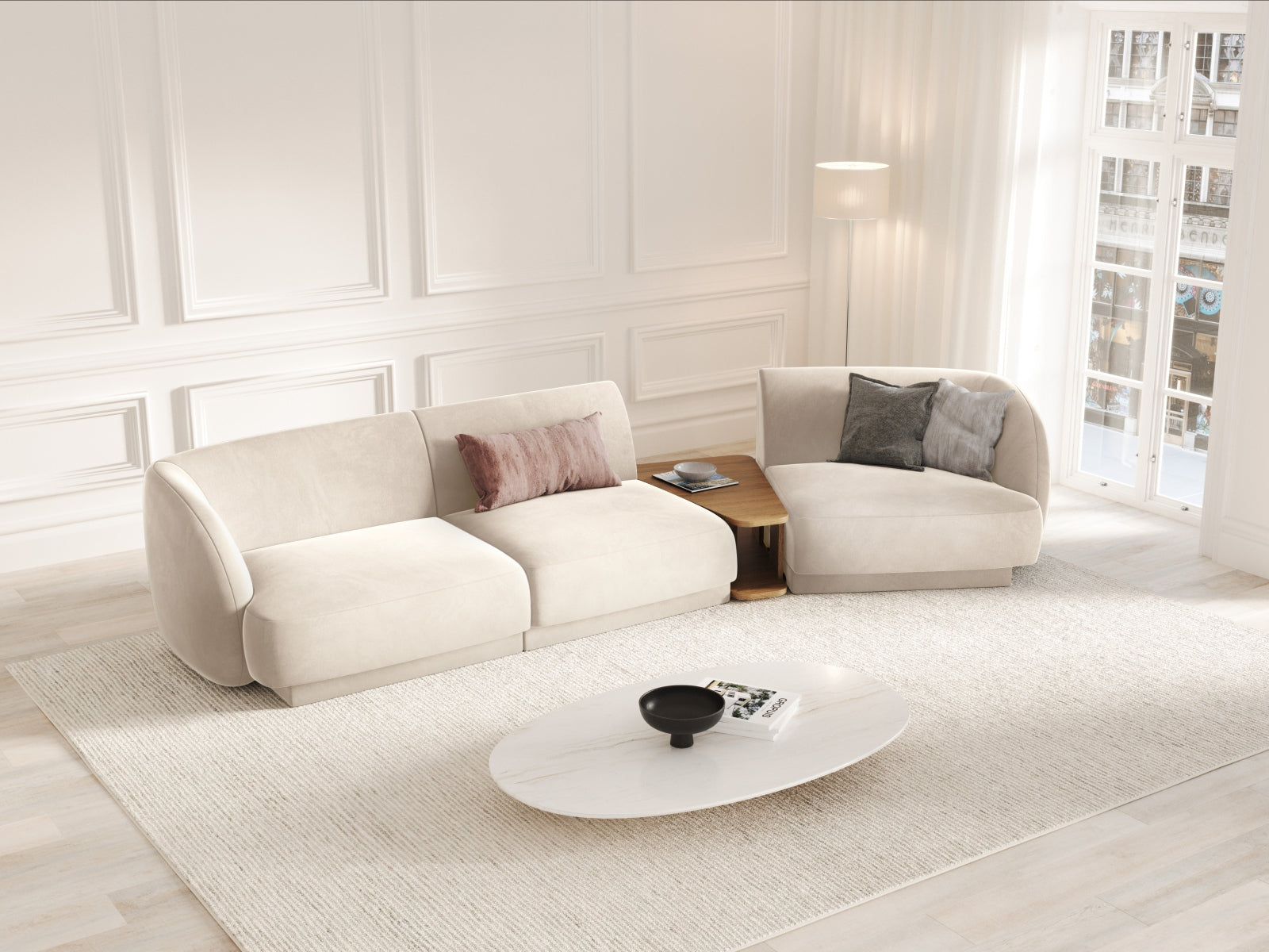 Miley Velour modulares Sofa rechts 3 Sitzer in Light Beige präsentiert im Onlineshop von KAQTU Design AG. L-Sofa rechts ist von Micadoni