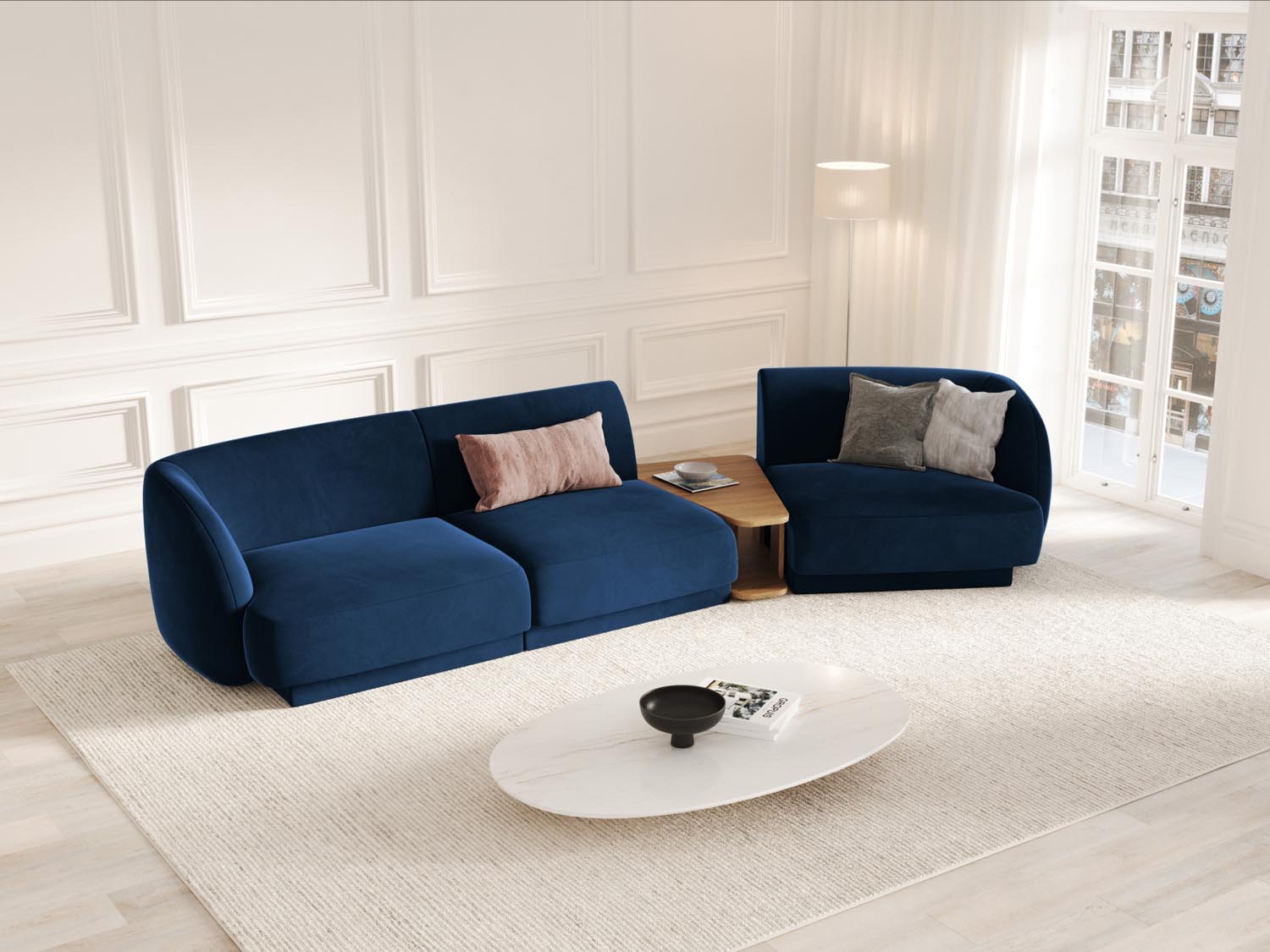 Modulares 3-Sitzer Sofa Miley Velour in Royal Blue, rechtsseitig, perfekt für moderne Wohnräume und entspannte Stunden.