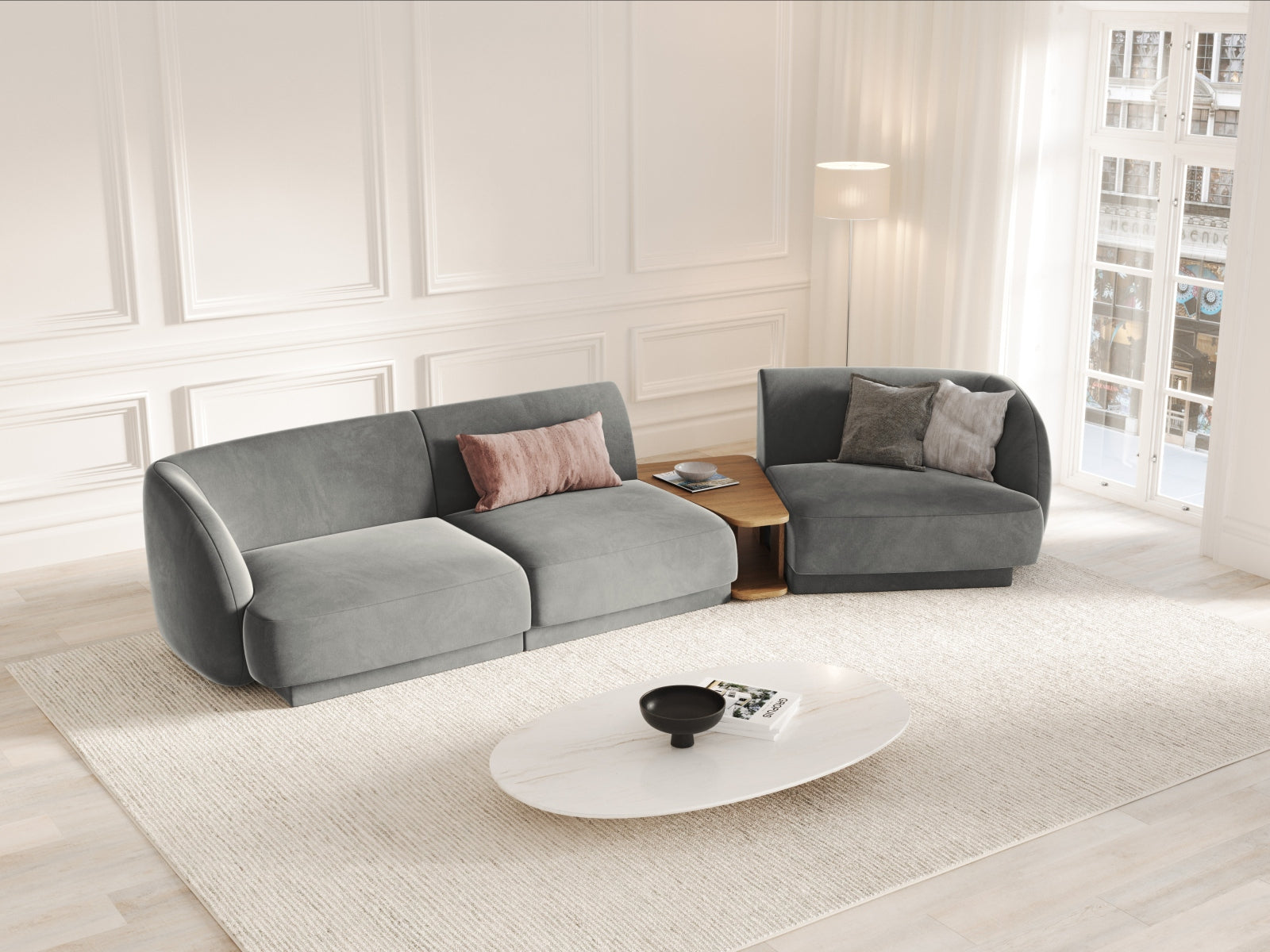 Miley Velour modulares Sofa rechts 3 Sitzer in Light Grey präsentiert im Onlineshop von KAQTU Design AG. L-Sofa rechts ist von Micadoni