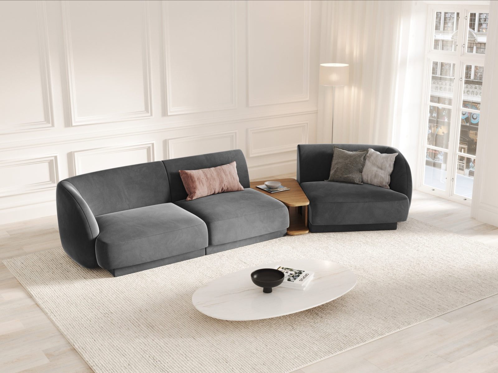 Miley Velour modulares Sofa rechts 3 Sitzer in Grey präsentiert im Onlineshop von KAQTU Design AG. L-Sofa rechts ist von Micadoni