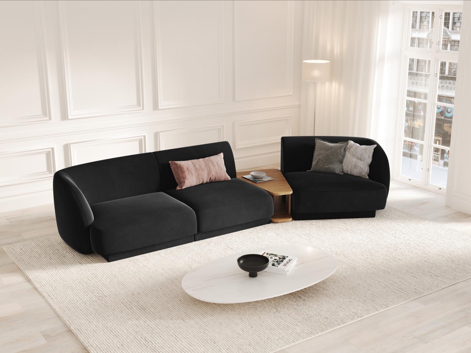 Modulares Miley Velour Sofa in Schwarz-Bluvel, 3-Sitzer mit rechter L-Form, perfekt für moderne Wohnkonzepte und gemütliche Abende.