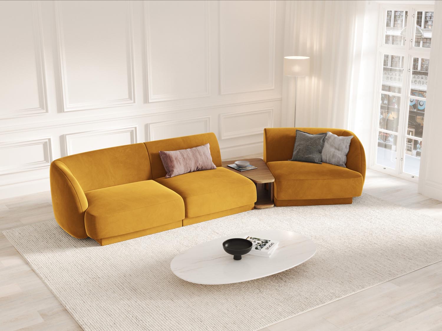 Modulares 3-Sitzer Sofa Miley Velour in ansprechendem Gelb-Blau, rechtsseitig, perfekt für moderne Wohnkonzepte und gemütliche Stunden.