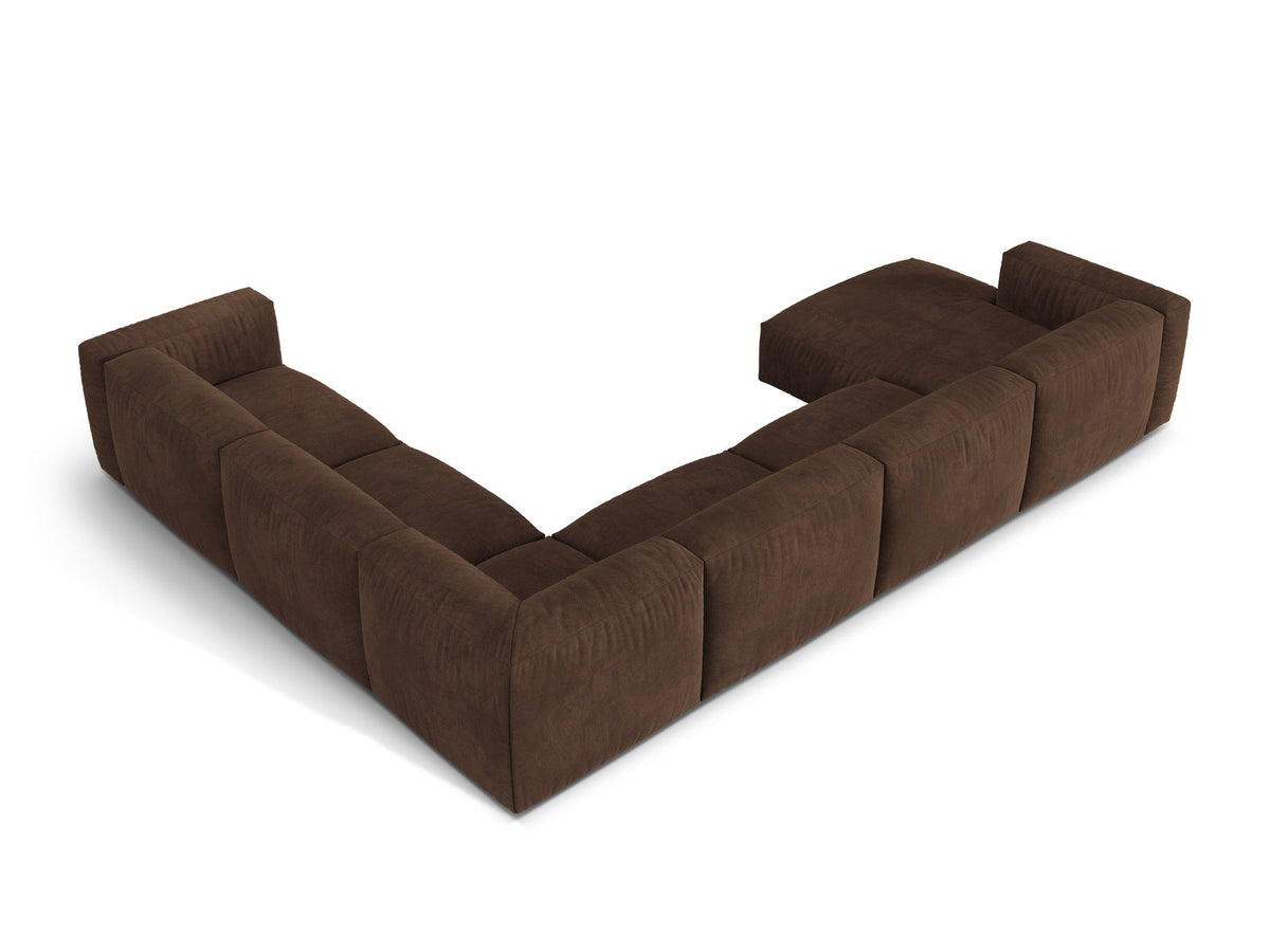 Modulares Ecksofa rechts Martina XL von Micadoni in Schokolade mit Veloursstoff-Bezug und Beinen aus Polypropylen, Frontalansicht.