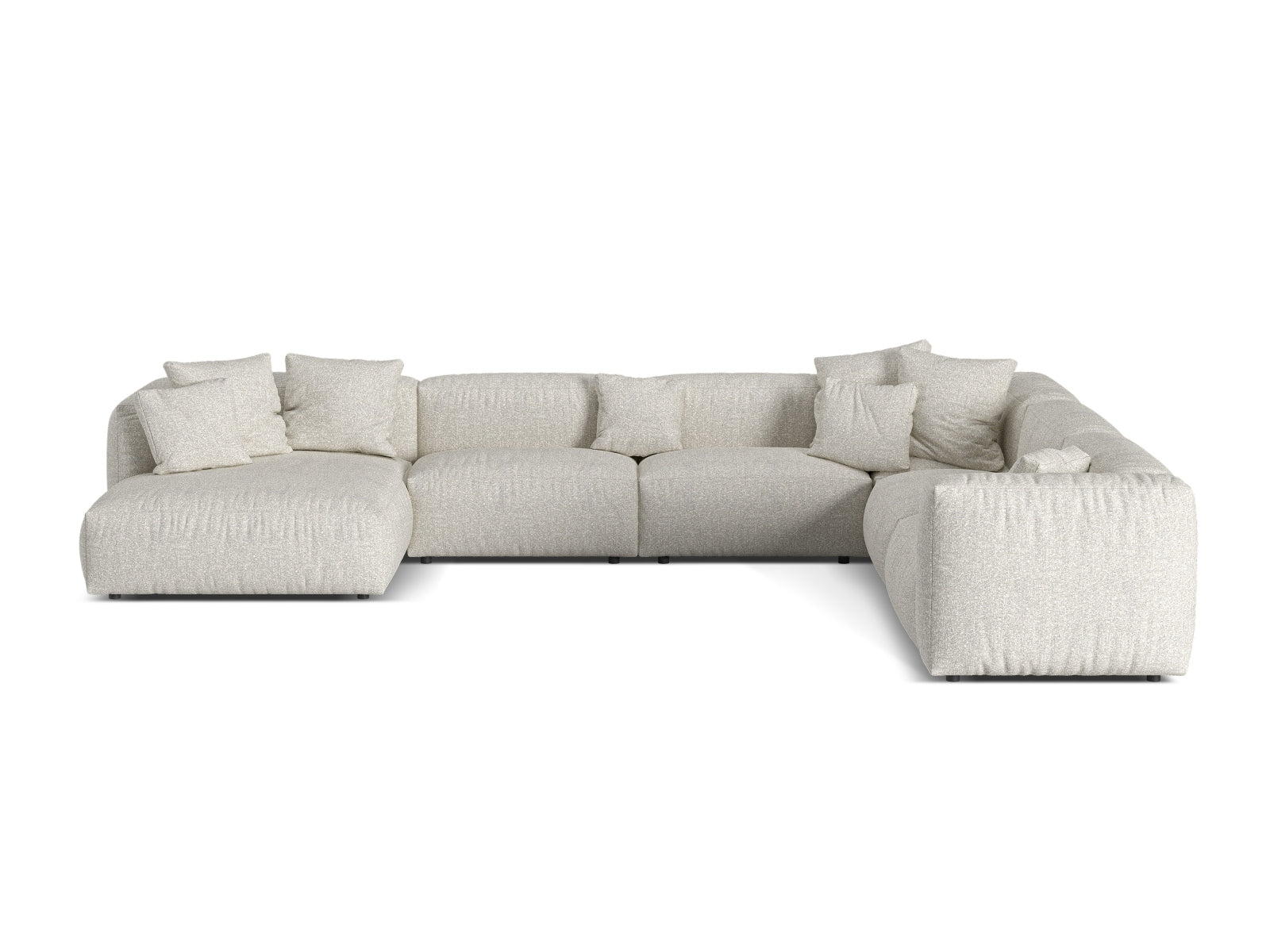Modulares 6-Sitzer Ecksofa Martina in sanftem Grau, rechtsseitig, perfekt für gemütliche Abende und modernes Wohndesign.