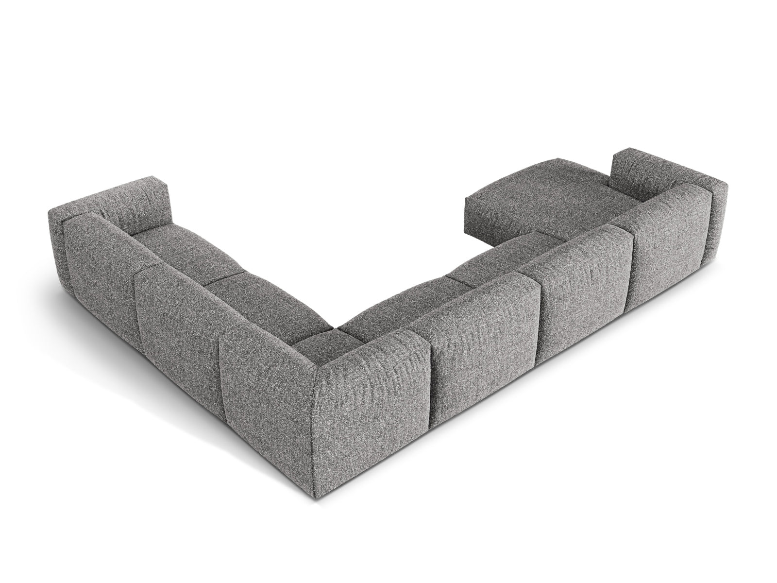 Modulares 6-Sitzer Ecksofa Martina in sanftem Grau, rechtsseitig, perfekt für gesellige Abende und modernes Wohndesign.