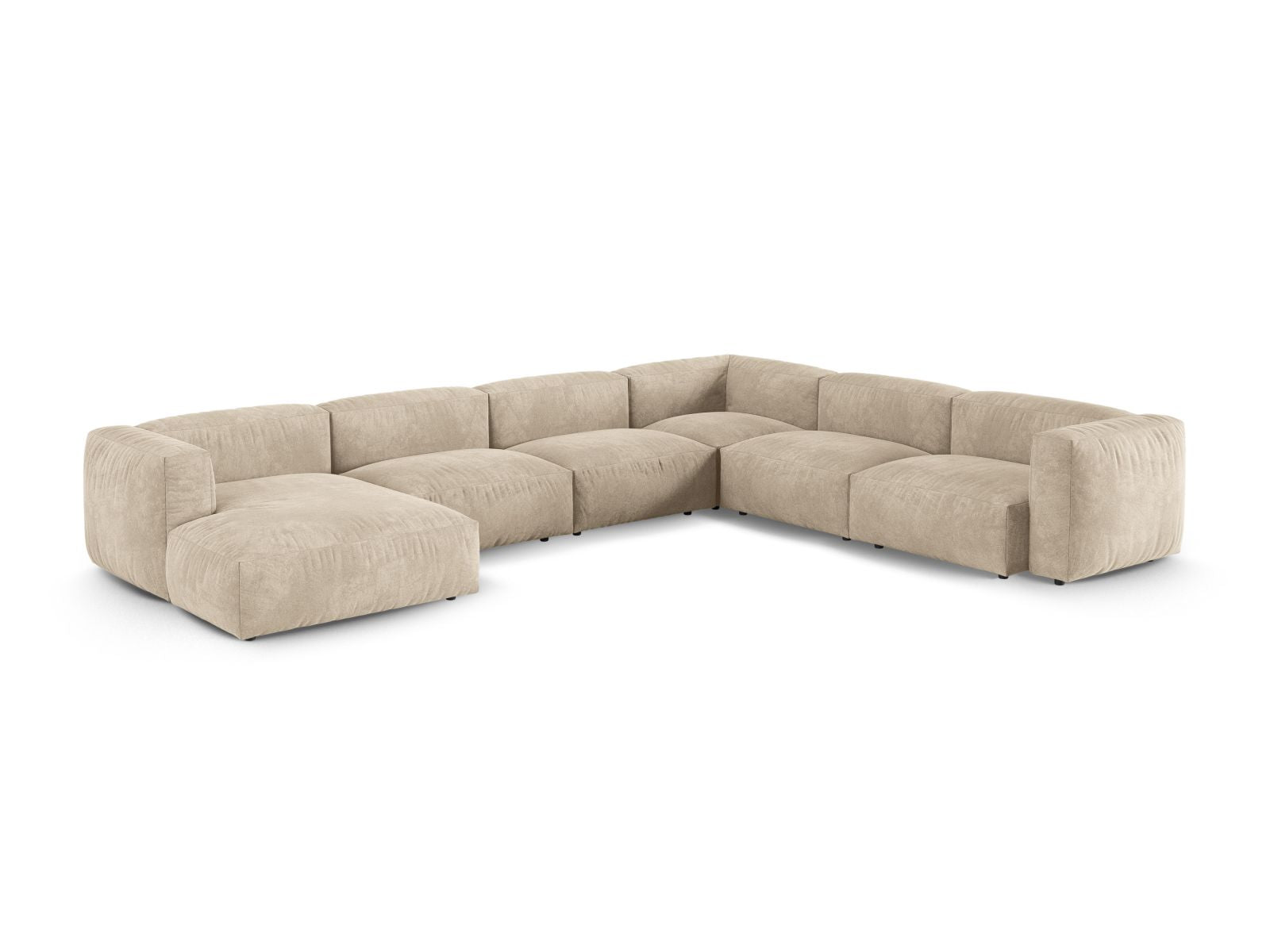Elegantes 6-Sitzer XL Ecksofa rechts Martina in hellem Beige, ideal für stilvolle Wohnräume, präsentiert von Micadoni.