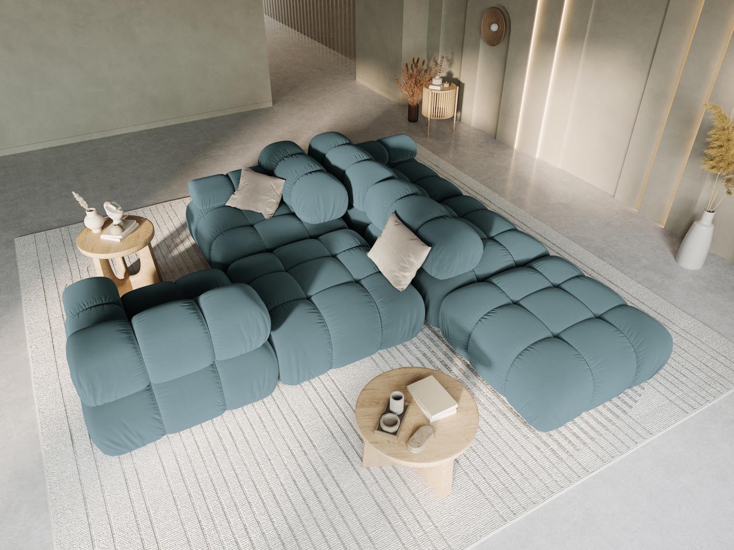 Elegantes Bellis Velour Sofa in Türkis, modulares Design, 4-Sitzer, ideal für stilvolle Wohnräume, präsentiert von KAQTU Design AG.