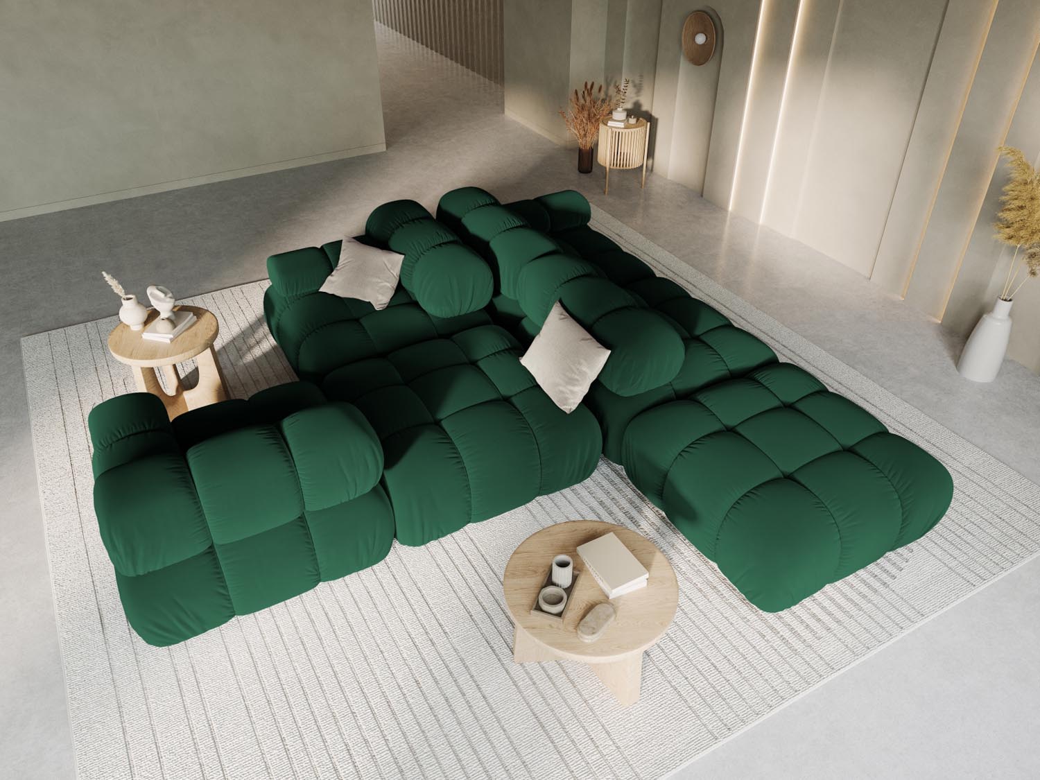 Elegantes Bellis Velour Sofa in Flaschengrün, modulares Design, ideal für stilvolle Wohnräume, präsentiert als linksseitiges 4-Sitzer-Modell.