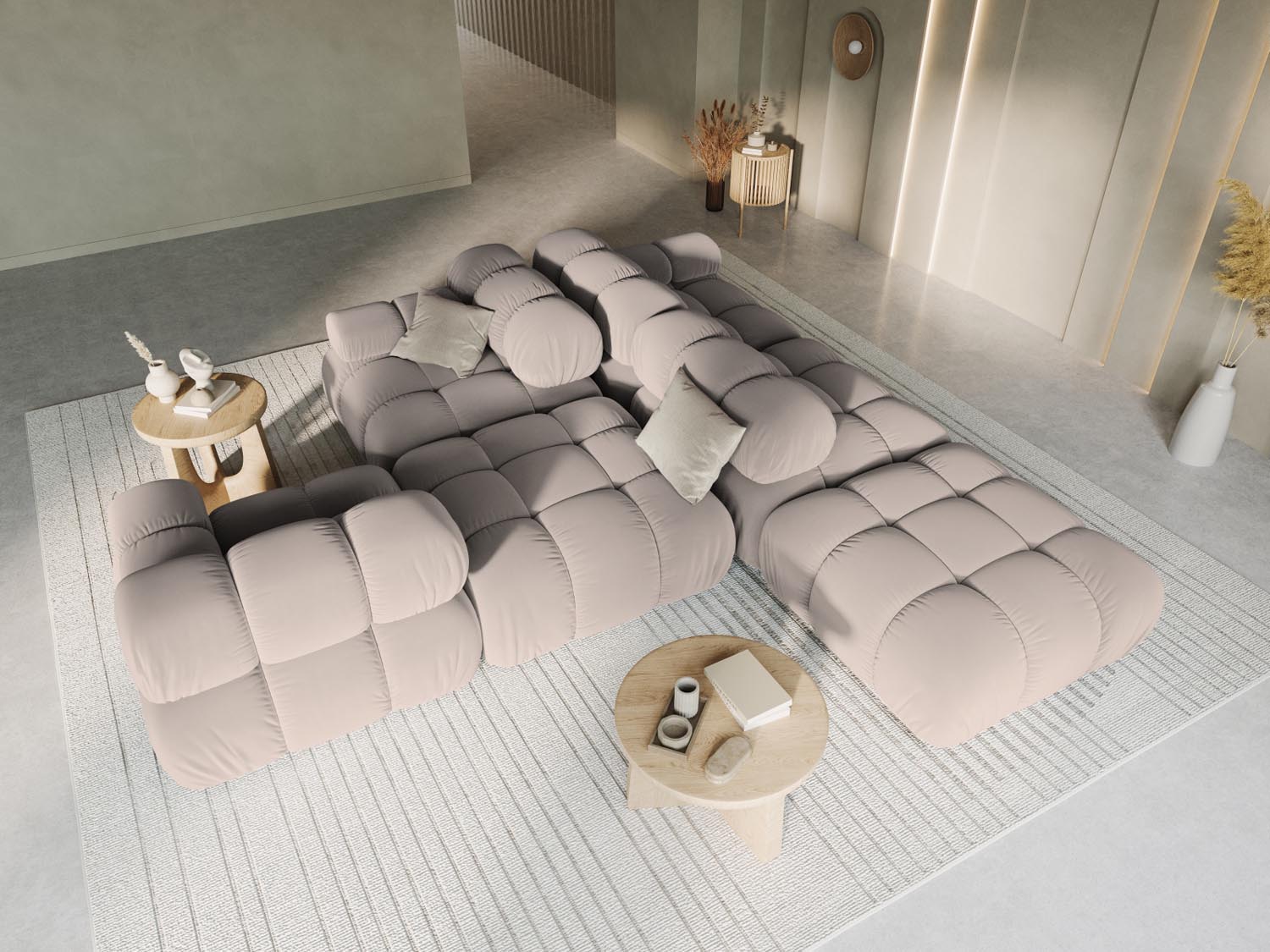 Elegantes Bellis Velour Sofa in Cappuccino, modulares Design, 4-Sitzer, ideal für stilvolle Wohnräume, präsentiert von Micadoni.