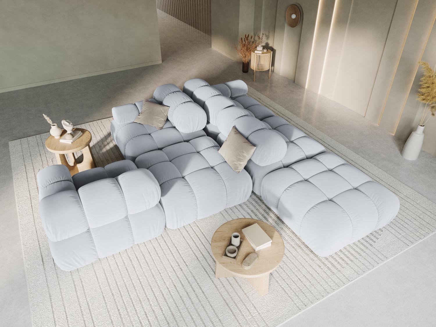 Elegantes Bellis Velour Sofa in sanftem Hellblau, ideal für stilvolle Wohnräume. Modulares Design, 4-Sitzer, linksseitig.