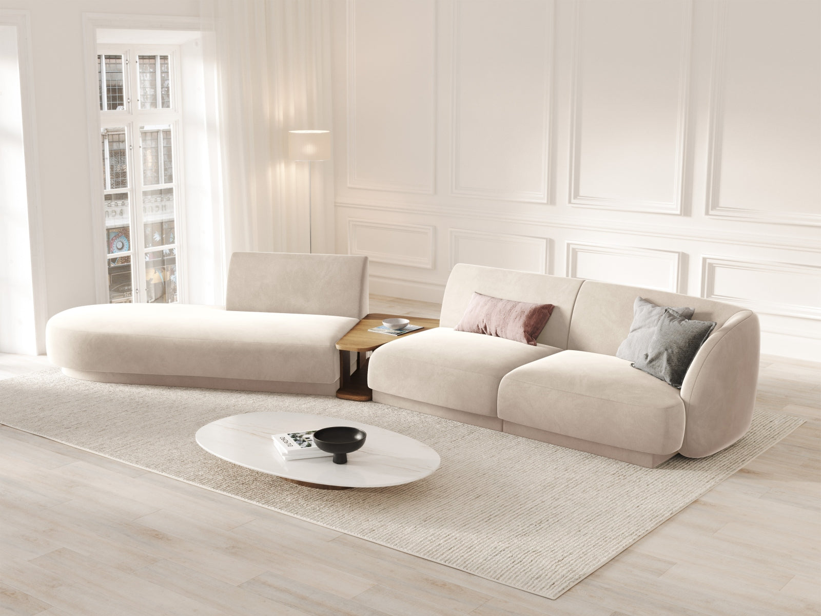 Miley Velour modulares Sofa links 4 Sitzer in Light Beige präsentiert im Onlineshop von KAQTU Design AG. L-Sofa links ist von Micadoni