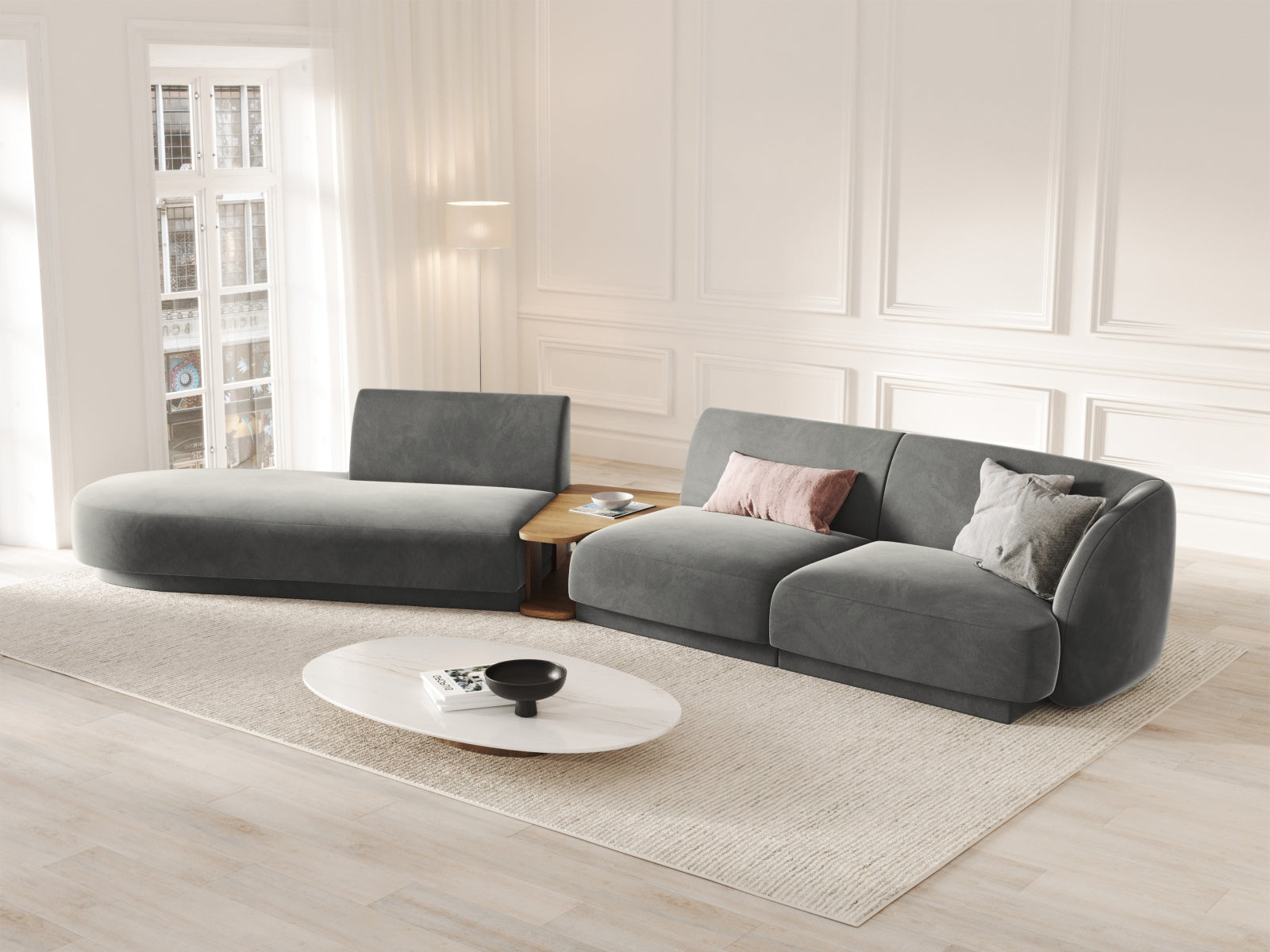 Miley Velour modulares Sofa links 4 Sitzer in Light Grey präsentiert im Onlineshop von KAQTU Design AG. L-Sofa links ist von Micadoni