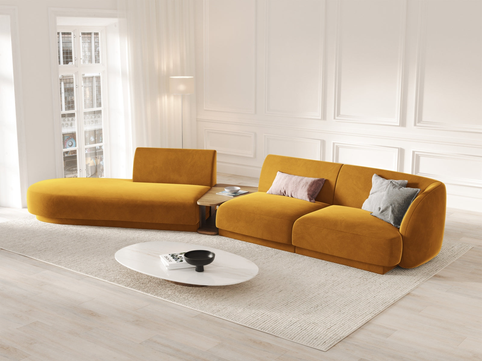 Miley Velour modulares Sofa links 4 Sitzer in Yellow präsentiert im Onlineshop von KAQTU Design AG. L-Sofa links ist von Micadoni